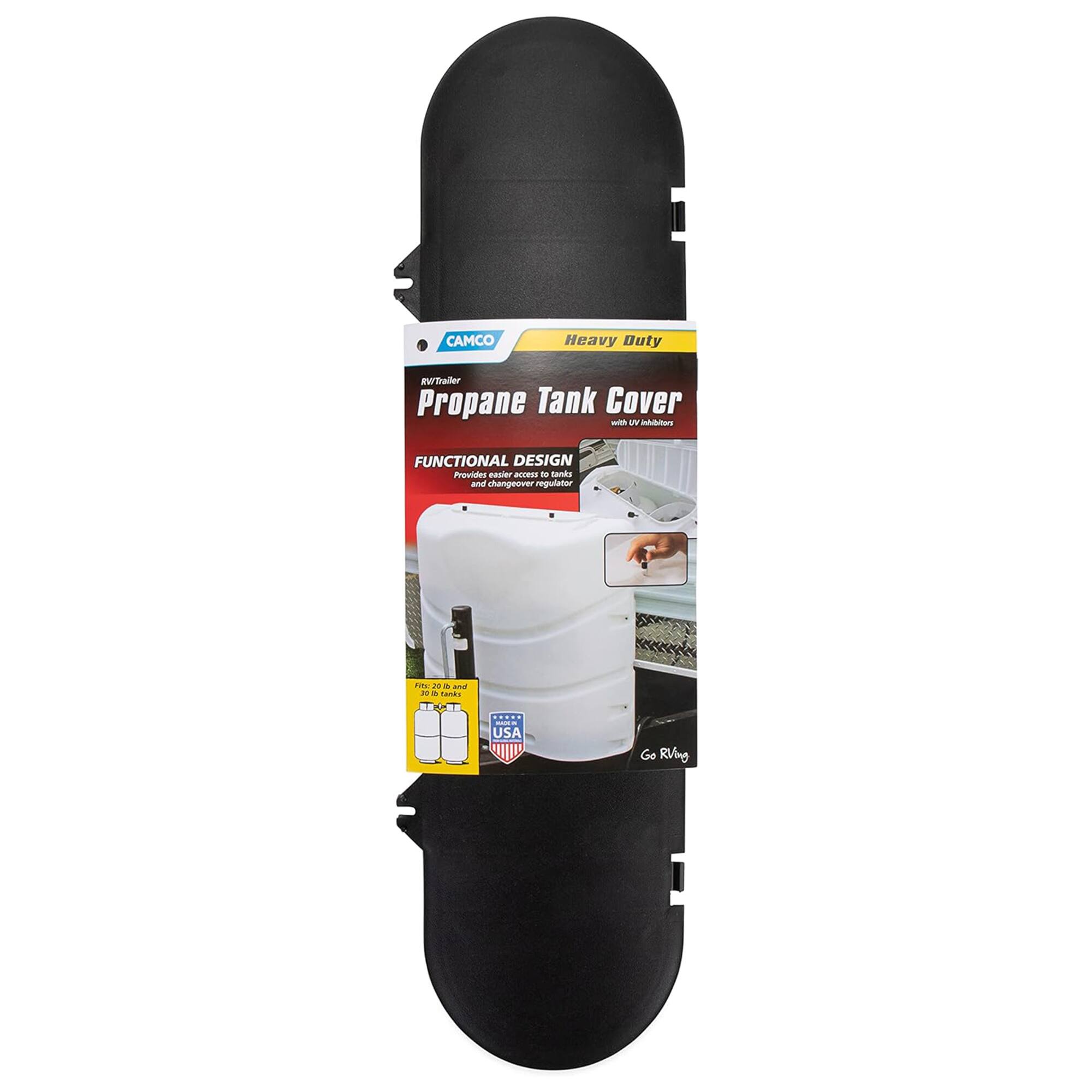 CAMCO  
Heavy Duty  
RV Trailer Propane Tank Cover with UV inhibitors  
FUNCTIONAL DESIGN Provides easier access to tanks and changeover regulator  
Fits: 30 lb and 40 lb tanks  
MXXR USA  
Go RVing