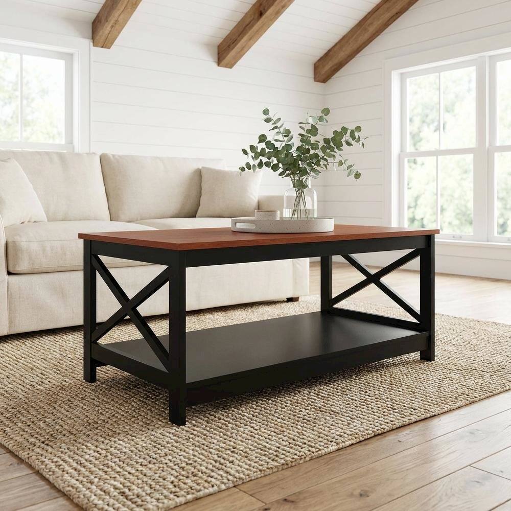 Left. FurniFact - Cherry and Black Coffee Table with MDF Top and Sturdy Frame Compact Design - Cherry.