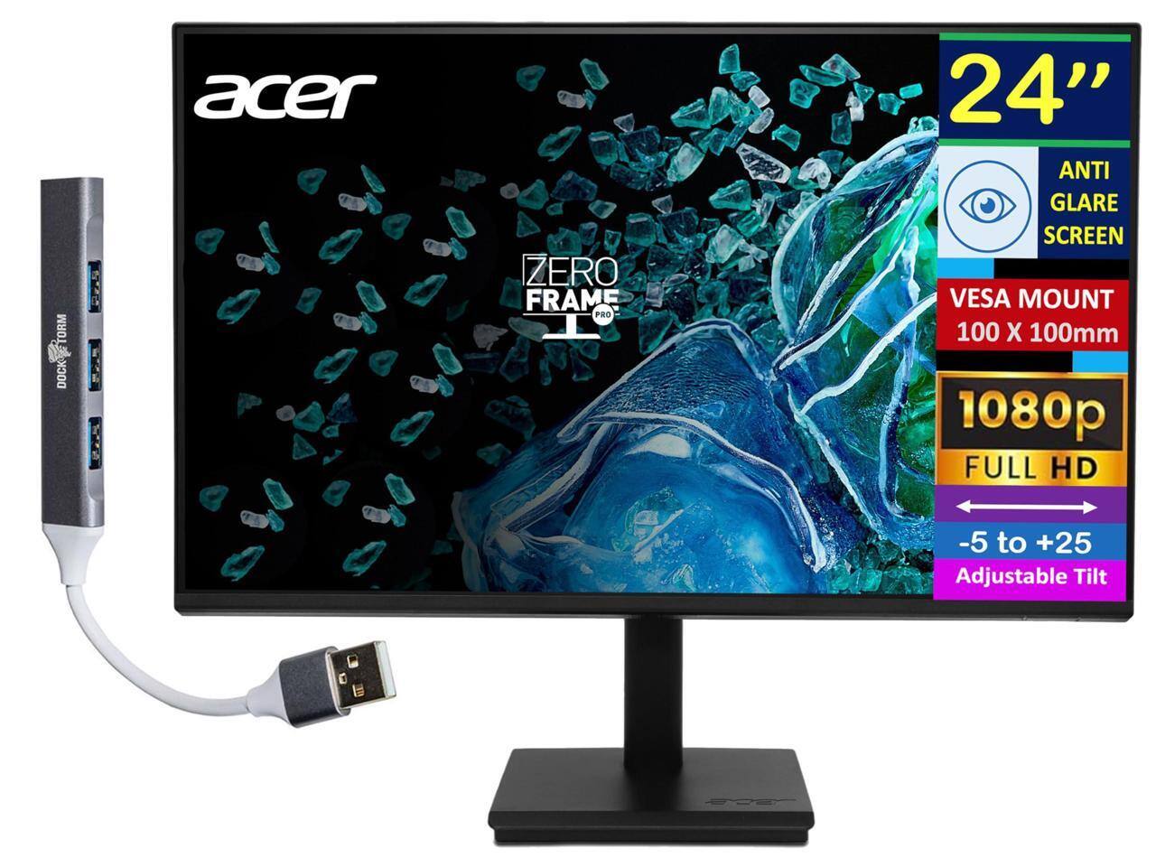 Acer Zero Frame Pro 24" Anti Glare Screen VESA Mount 100 x 100mm 1080p Full HD -5 to +25 Adjustable Tilt