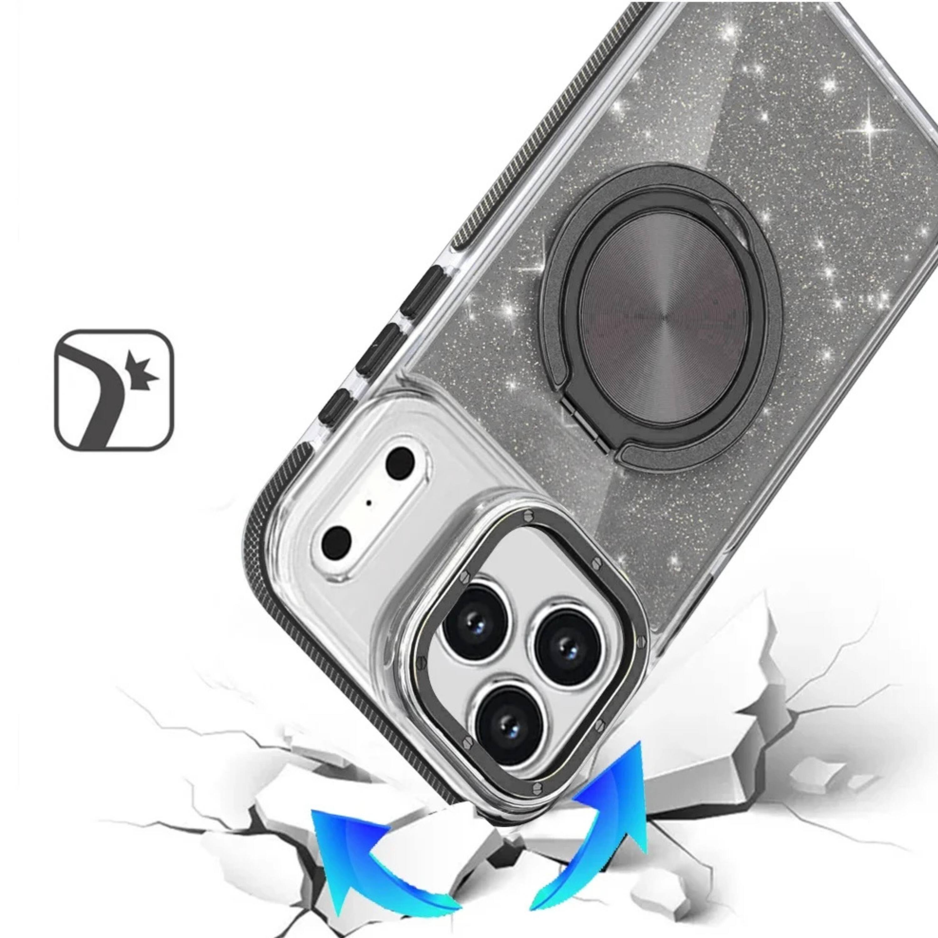 Left. Kitcheniva - Magnetic Circle Glitter Ring Stand Case With Tempered Glass For iPhone 17 Pro Max Black - Black.
