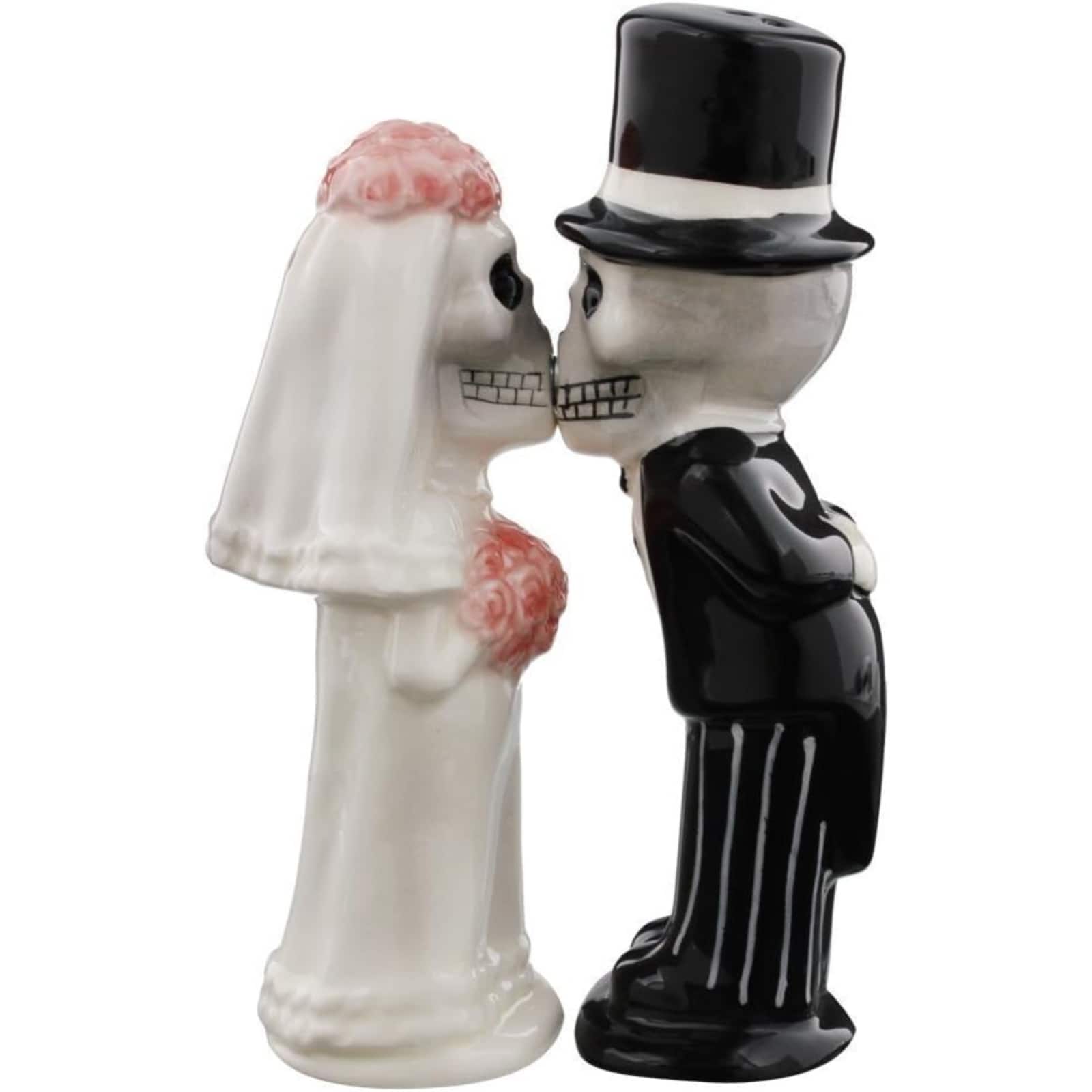 Pacific Trading - Bride and Groom Love Never Dies Skeletons Kissing Magnetic Ceramic Salt and Pepper Shakers - Multicolor