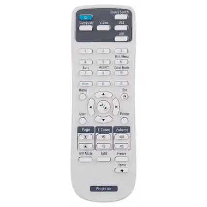Source Search
Computer Video USB LAN
1 2 3
4 5 6
Auto Aspect Color Mode
7 8 9
Num 0 ID Menu Esc
User Pointer Page E-Zoom Volume + + A/V Mute Split Freeze Home
Projector
