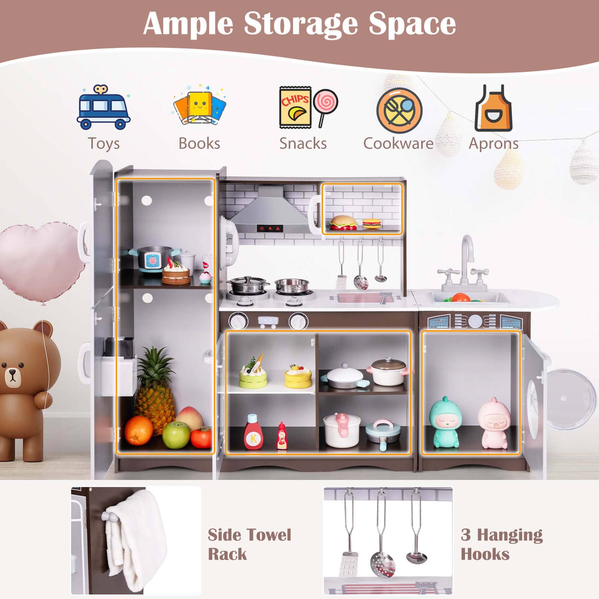 Ample Storage Space

- Toys
- Books
- Snacks
- Cookware
- Aprons

Side Towel Rack

3 Hanging Hooks