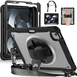 Dteck - Rugged Case for iPad Air 11-inch M4(2026)/M3 (2025) /M2 Shockproof Handstrap Foldable Kickstand Cover+Crossbody Strap - Black+Clear