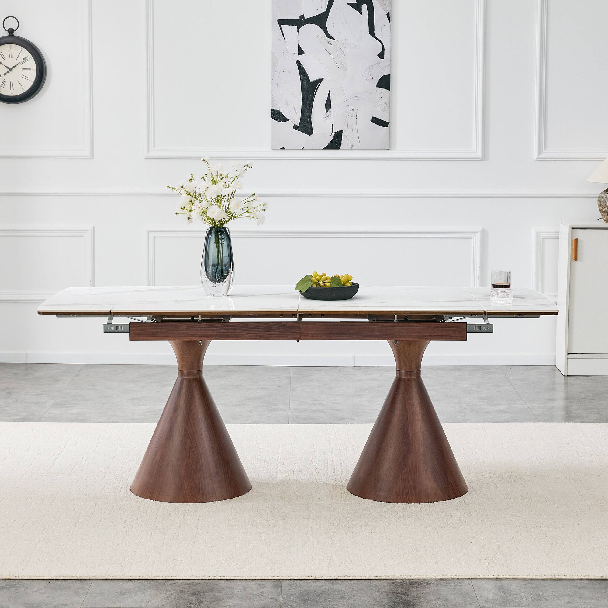 Left. Anysun - Modern Extendable Stone-Top Dining Table – Marble-Patterned Tabletop with Tapered Metal Legs, Rectangular - Walnut, White.