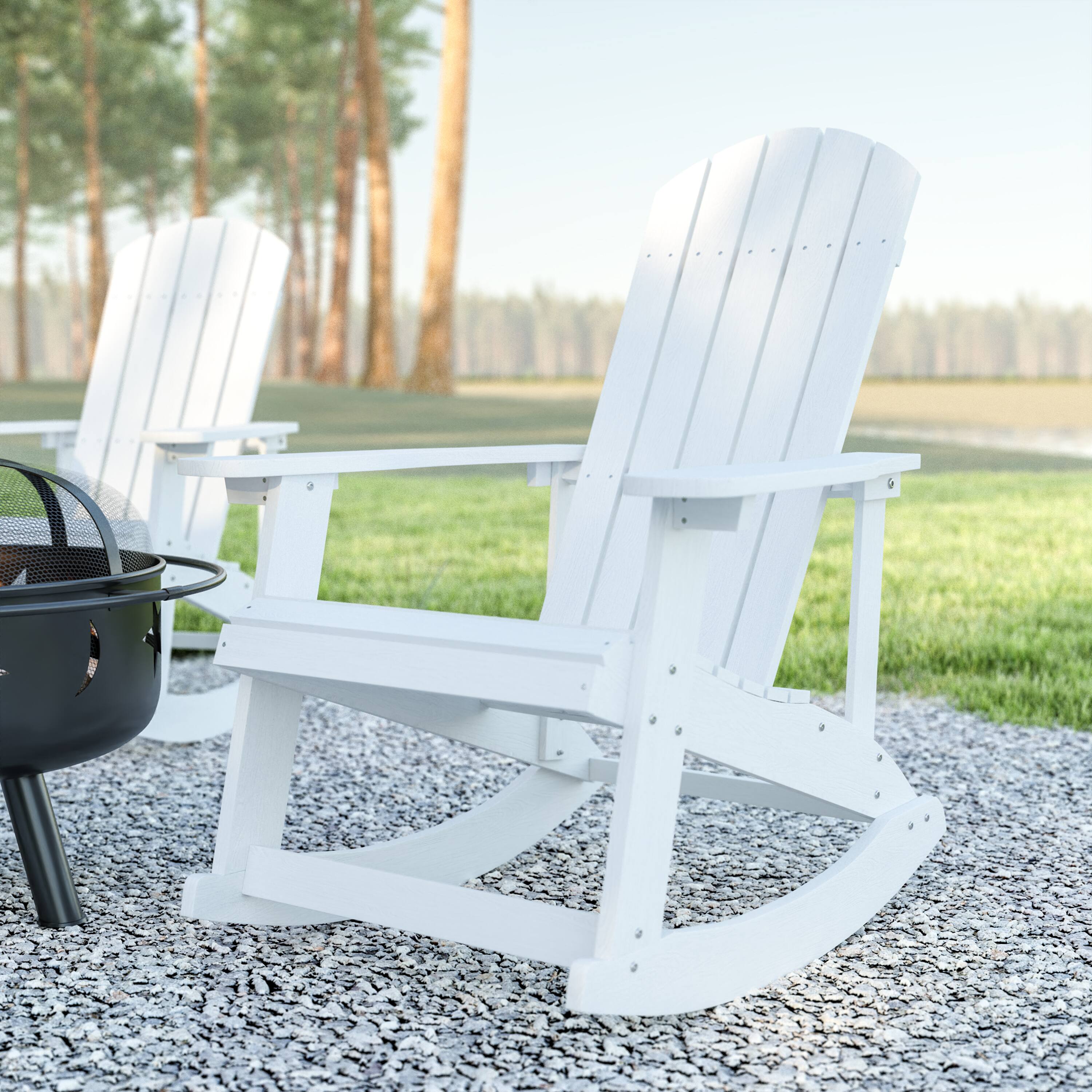 Alt View 1. Emma + Oliver - Classic All-Weather Poly Resin Rocking Adirondack Chair with Stainless Steel Hardware for Year Round Use - White.