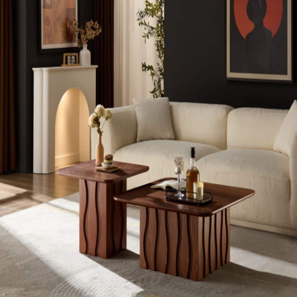 Loheer - 2PCS Nesting Square Coffee Table Mid-Century Wavy Fluted Base Wood Veneer - Brown