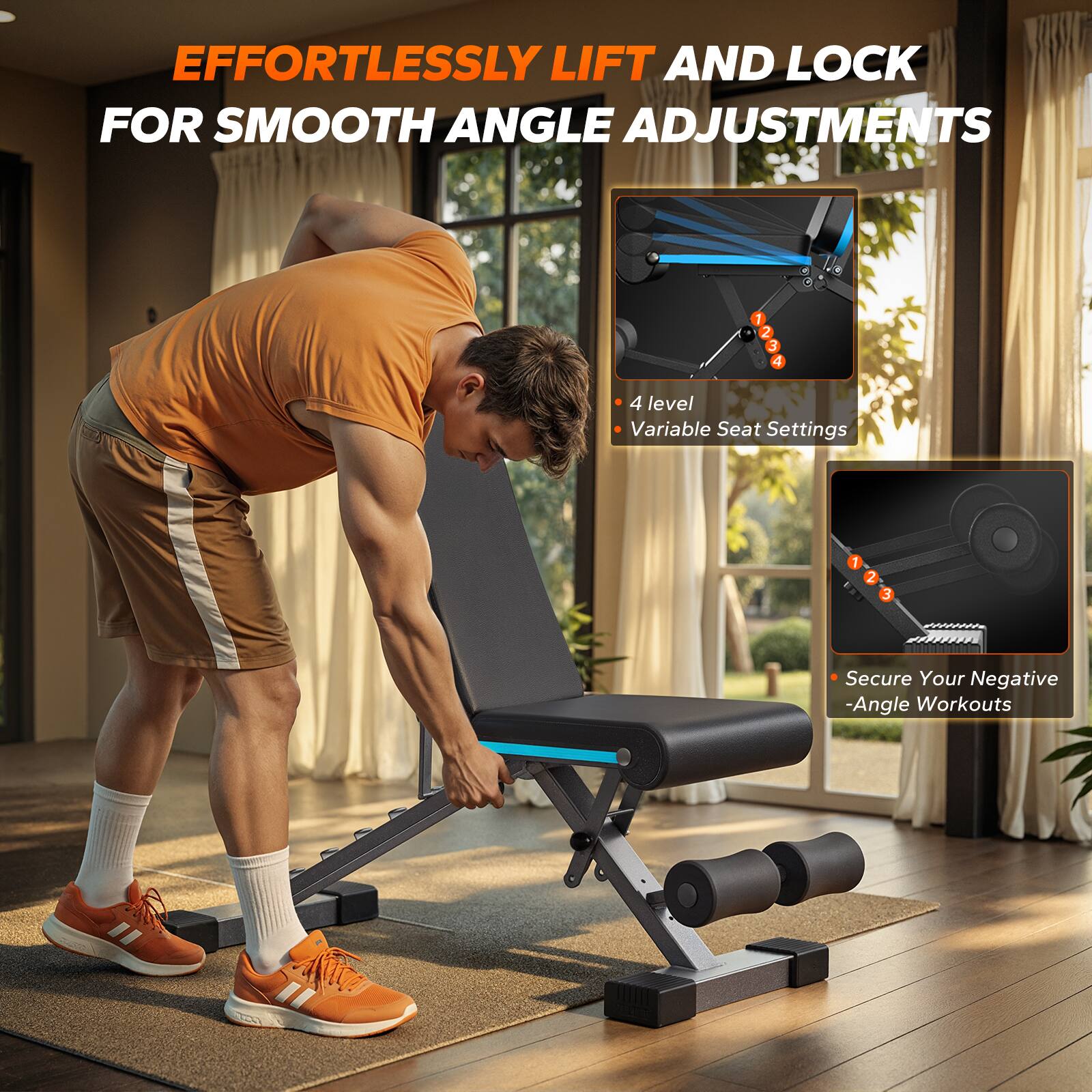 EFFORTLESSLY LIFT AND LOCK FOR SMOOTH ANGLE ADJUSTMENTS

- 4 level Variable Seat Settings
- Secure Your Negative -Angle Workouts