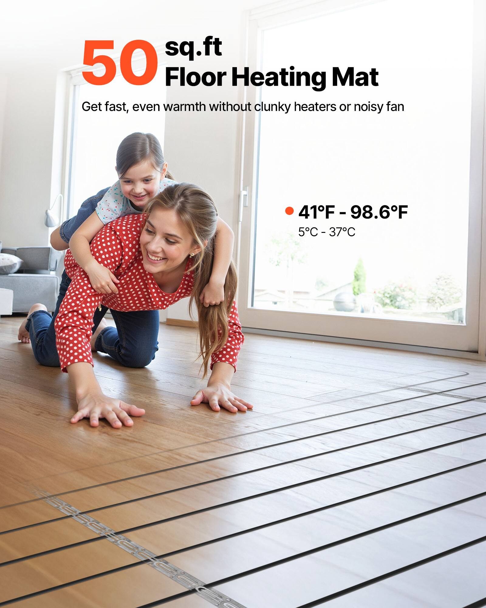 50 sq.ft Floor Heating Mat  
Get fast, even warmth without clunky heaters or noisy fan  

41°F - 98.6°F  
5°C - 37°C