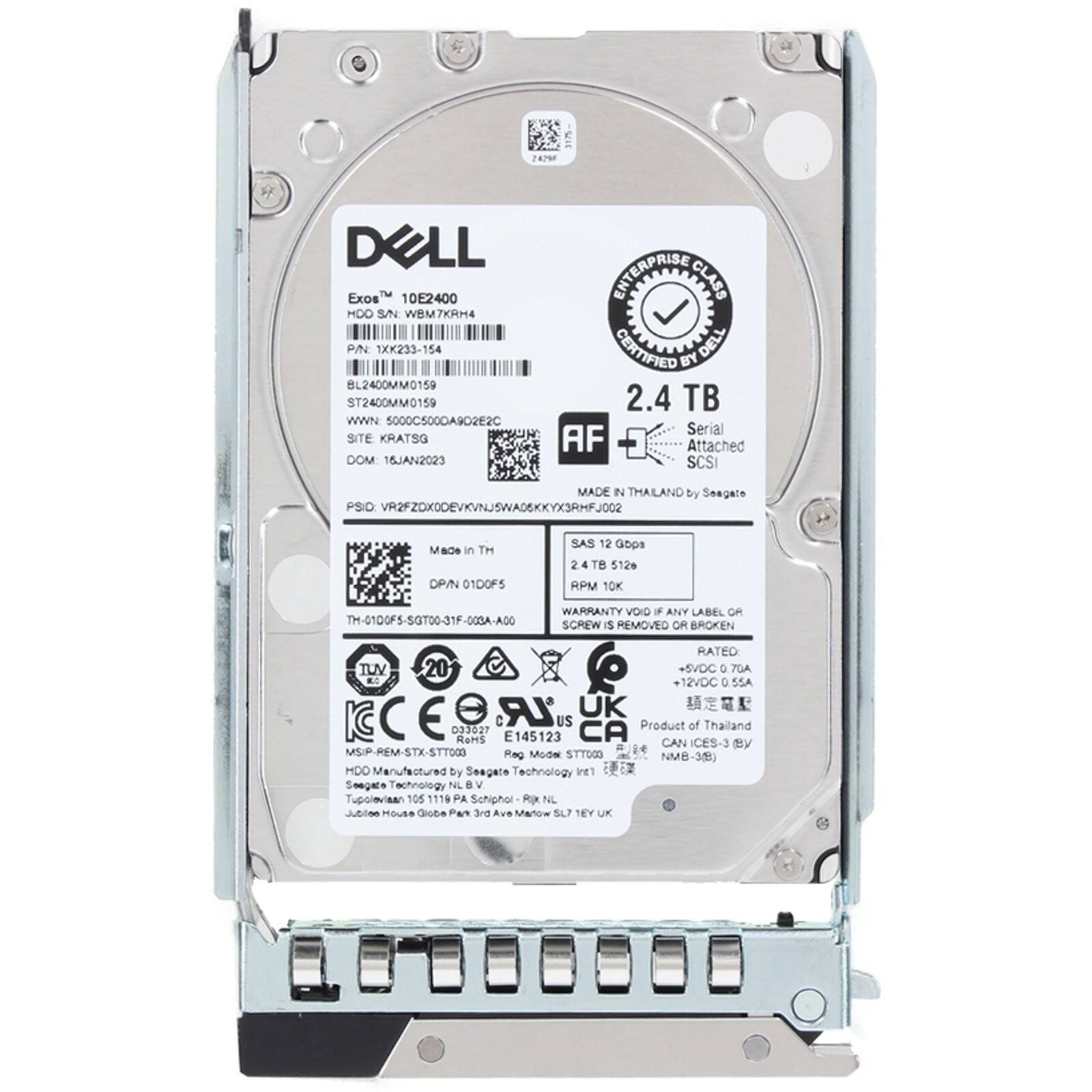Dell Exos 10E2400  
HDD S/N: WBM7KRM4  
P/N: 1XK233-154  
BL2400MM0159  
ST2400MM0159  
WWN: 500C500DA902E2C  
SITE: KRATSG  
DOM: 16JAN2023  
ENTERPRISE CLASS CERTIFIED BY DELL  
2.4 TB  
Serial: AF  
Attached SCSI  
MADE IN THAILAND by Seagate  
PSID: VR2FZOK0DEVKVNJSWADSKKYX3RHFJ002  
Made in TH  
CP/N: 01D0F5  
SAS 12 Gbps  
2 TB  
5126 RPM  
10K  
WARRANTY VOID IF ANY LABEL OR SCREW IS REMOVED OR BROKEN  
RATED: +5VDC 0.70A, +12VDC 0.52A  
TUV  
20 G  
UK  
CE 033627  
E