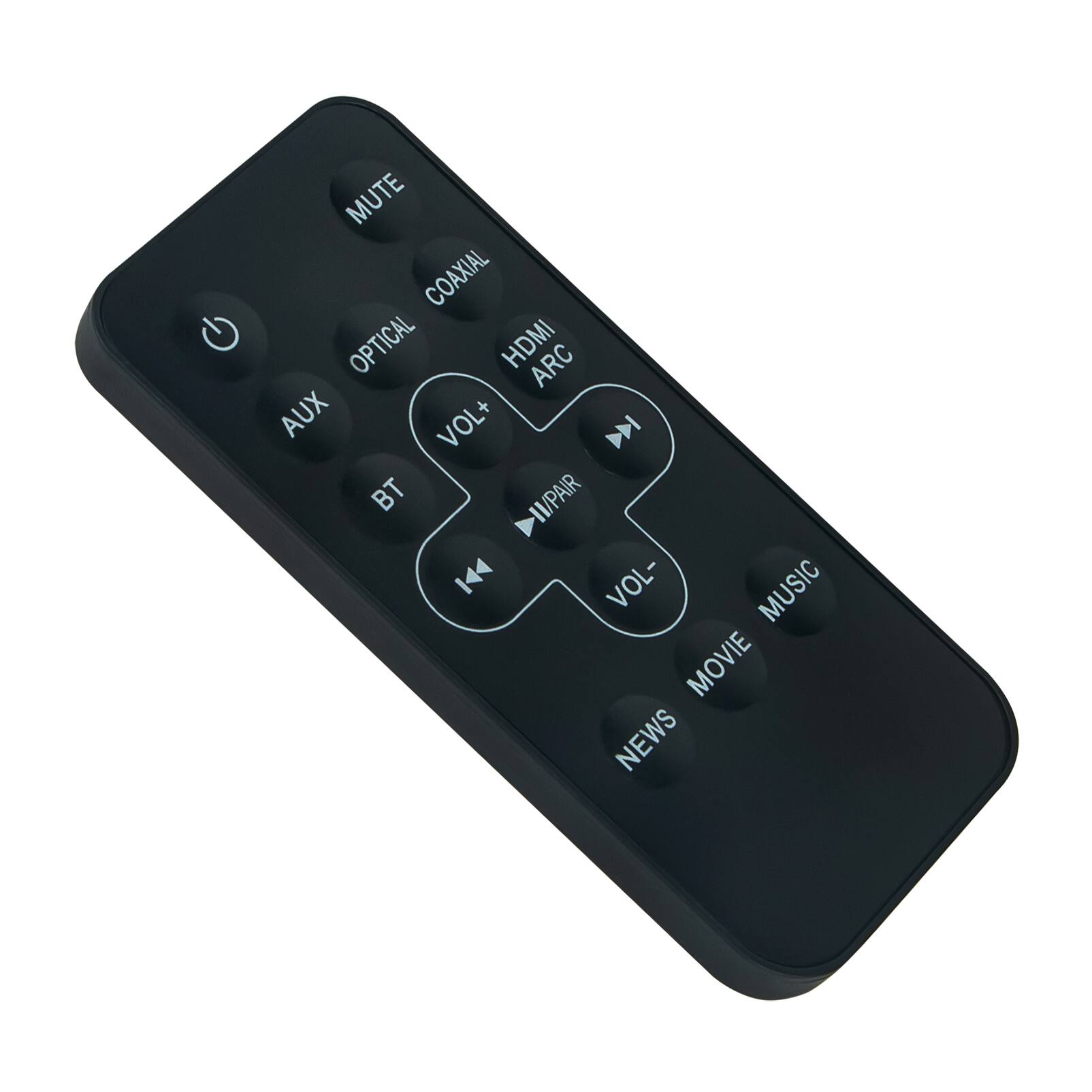 MUTE  
COAXIAL  
OPTICAL  
HDMI ARC  
AUX  
BT  
VOL+  
VOL-  
PAIR  
MUSIC  
MOVIE  
NEWS