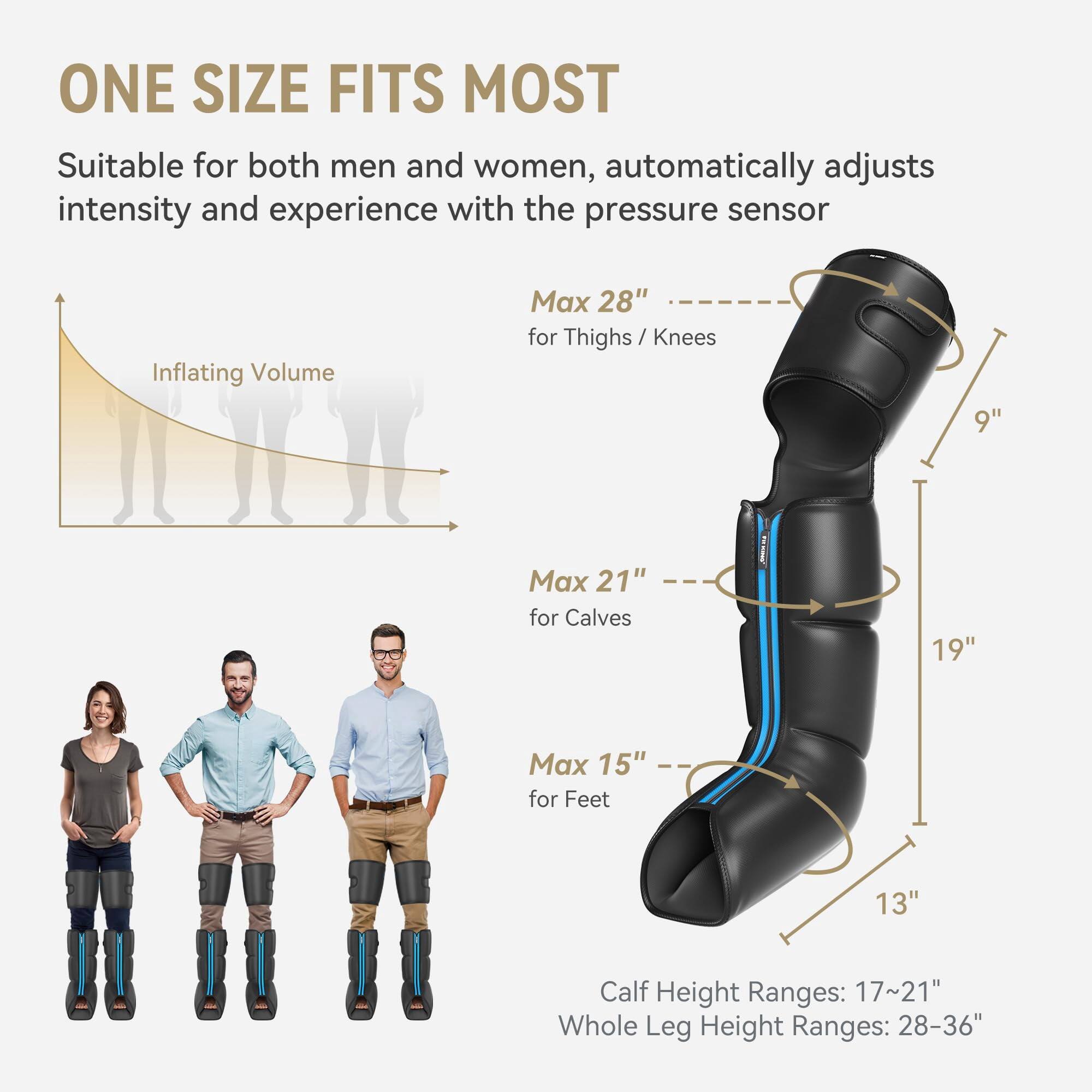 ONE SIZE FITS MOST  
Suitable for both men and women, automatically adjusts intensity and experience with the pressure sensor

Inflating Volume  
Max 28" for Thighs/Knees  
9"  
Max 21" for Calves  
19"  
Max 15" for Feet  
13"  

Calf Height Ranges: 17~21"  
Whole Leg Height Ranges: 28-36"