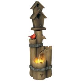 Outsunny - Outdoor Fountain with Birdhouse, Cascading Garden Waterfall Bird Bath with 3-Tier Rustic Tree Trunk / Log Design - Brown