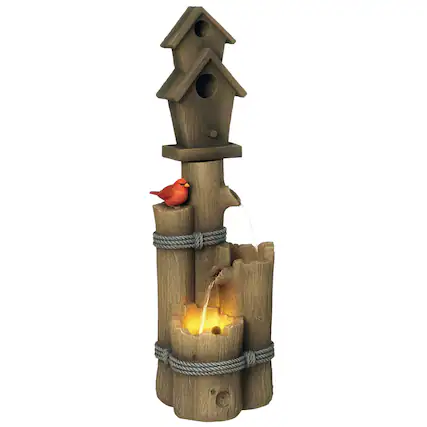 Front. Outsunny - Outdoor Fountain with Birdhouse, Cascading Garden Waterfall Bird Bath with 3-Tier Rustic Tree Trunk / Log Design - Brown.