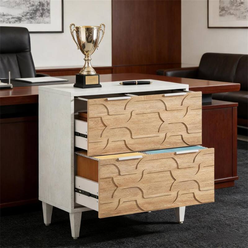 Alt View 2. HTUTWOO - Wood Storage Cabinet - File Cabinet with Drawer, Adjustable Stainless Steel Rods for Legal, Particle Board & Steel - Walnut+White.
