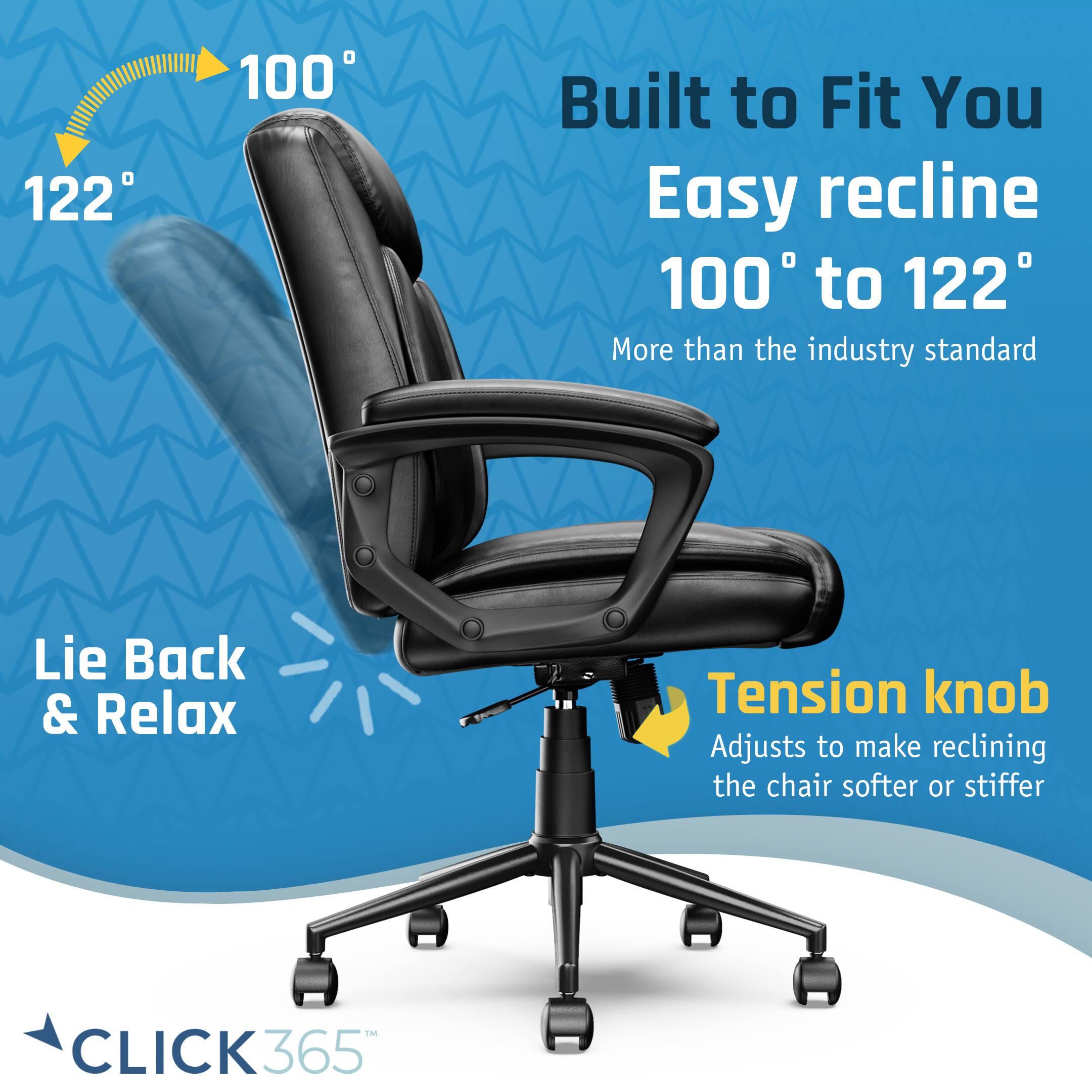 The image features a black office chair with a recline function. The chair is advertised as being "Built to Fit You" and having an "Easy recline" feature, allowing it to recline from 100 to 122 degrees. The chair also has a "Tension knob" that adjusts to make the recline either softer or stiffer, providing added comfort and customization for the user. The chair is part of the CLICK365 365 line of office chairs.