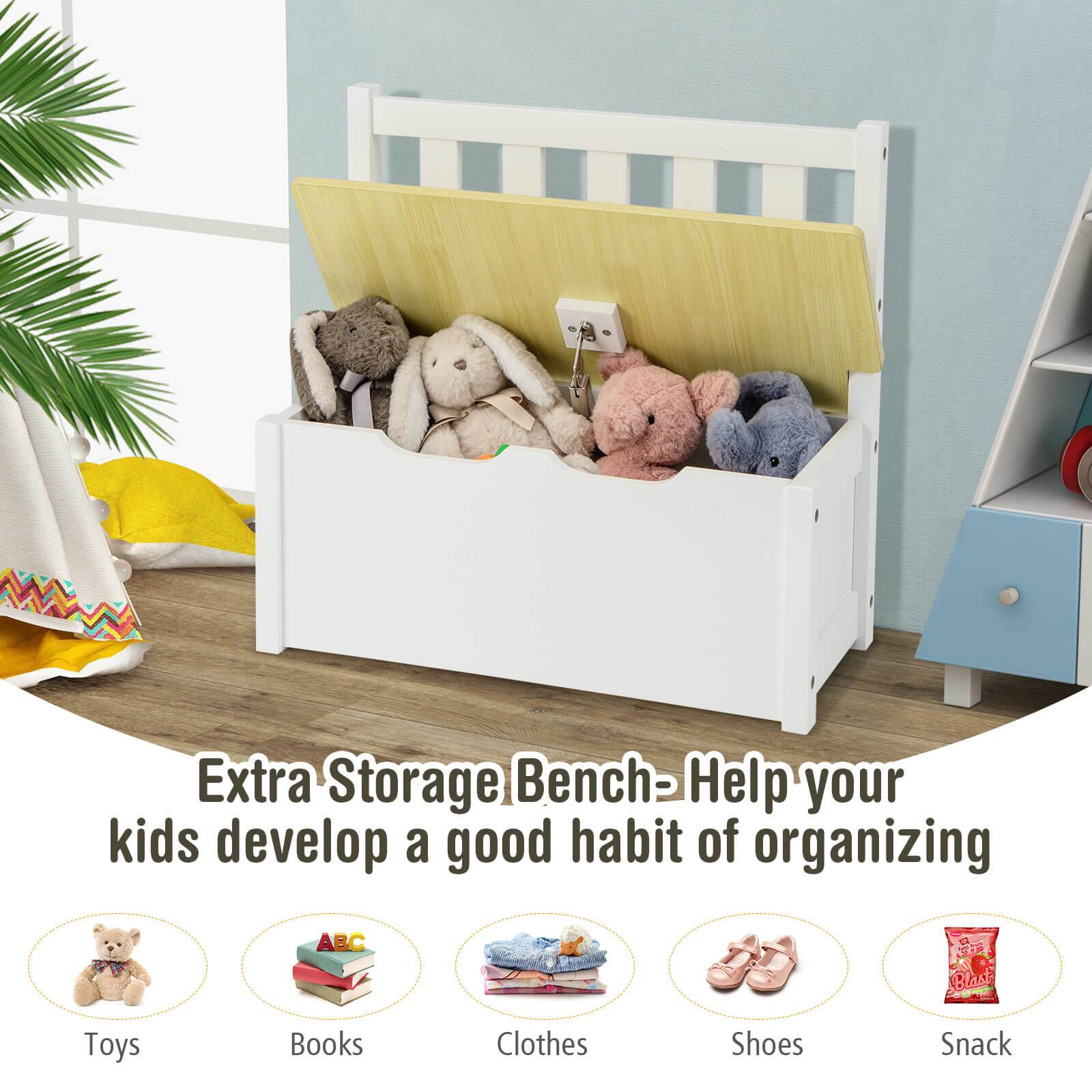 Extra Storage Bench - Help your kids develop a good habit of organizing

Toys  
Books  
Clothes  
Shoes  
Snack