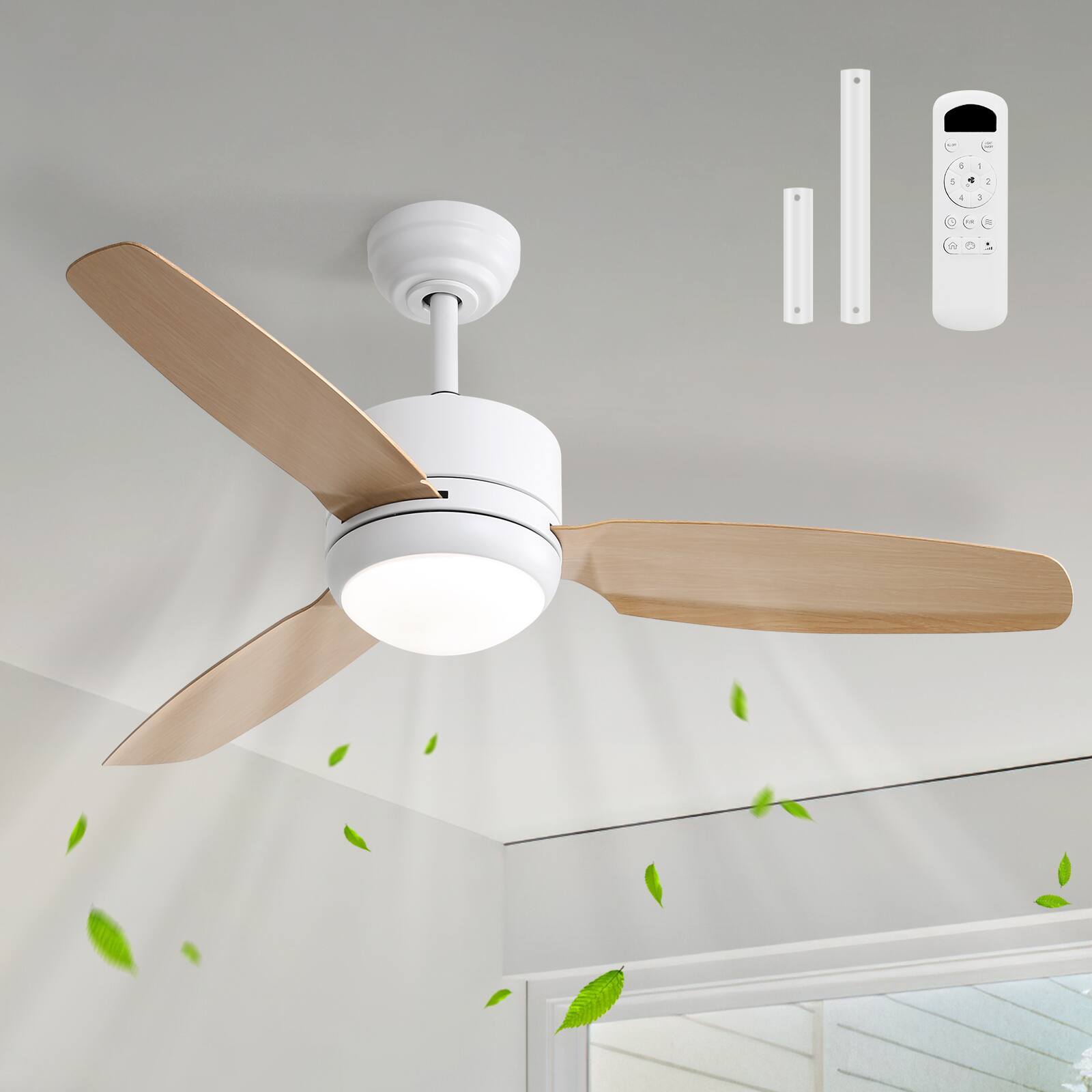 Sofucor - 46'' Modern Ceiling Fans with Light and Remote & Strong Airflow Dimmable 6-Speed Timer Reversible DC Motor for Bedroom - White