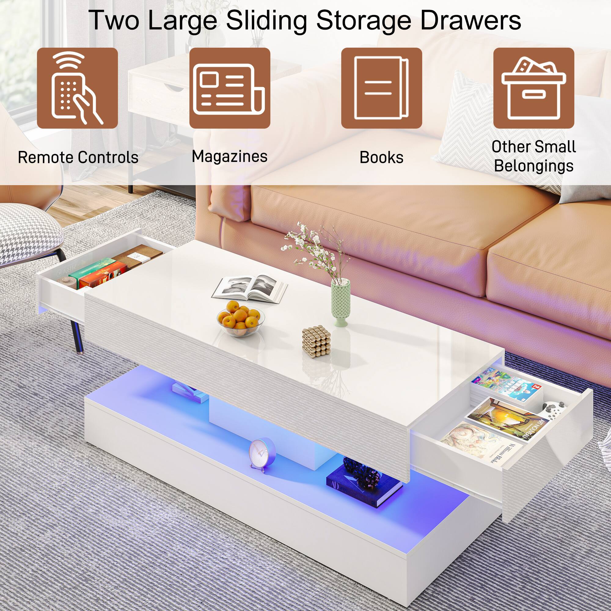 Two Large Sliding Storage Drawers

- Remote Controls
- Magazines
- Books
- Other Small Belongings