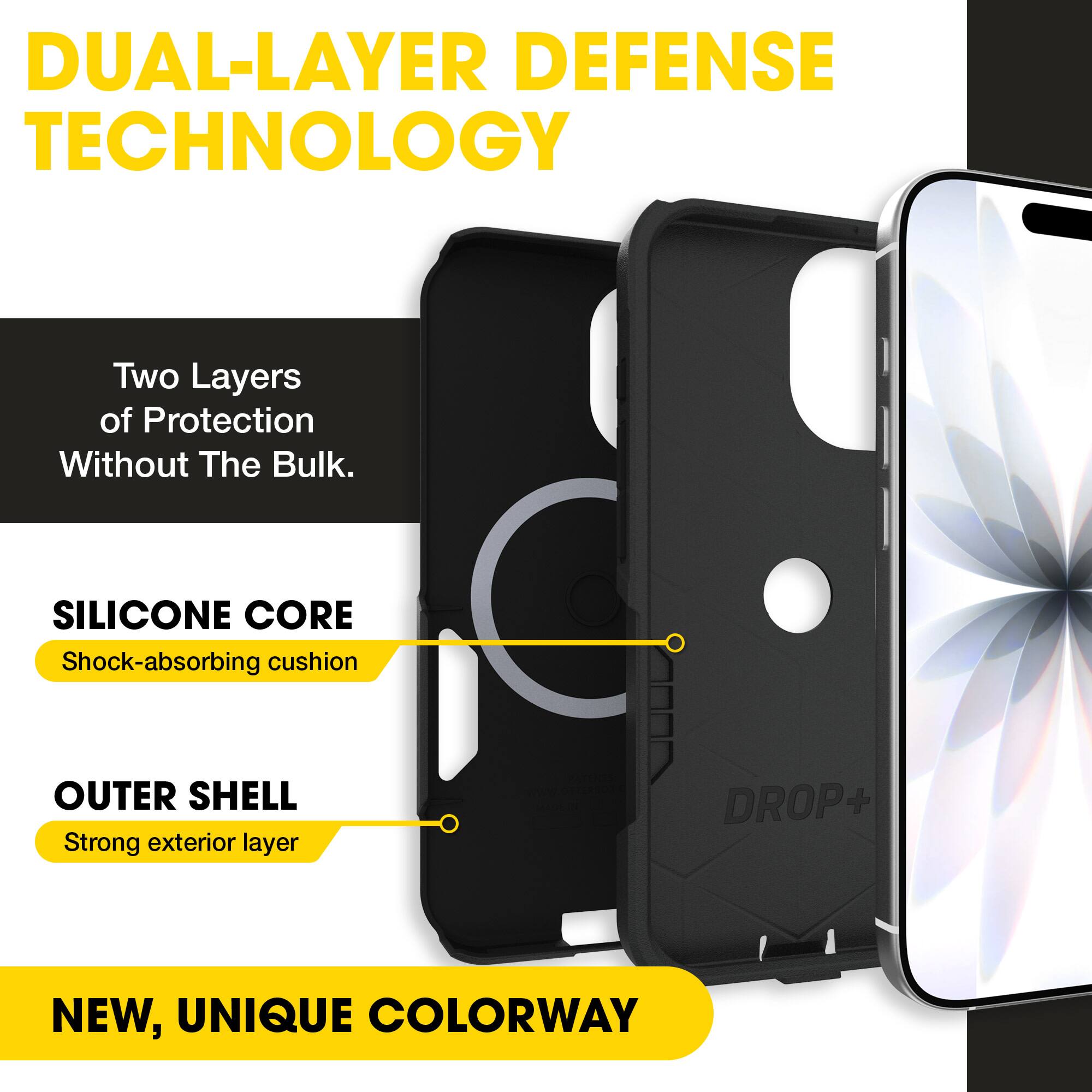 DUAL-LAYER DEFENSE TECHNOLOGY  
Two Layers of Protection Without The Bulk.  
SILICONE CORE  
Shock-absorbing cushion  
OUTER SHELL  
Strong exterior layer  
DROP+  
NEW, UNIQUE COLORWAY