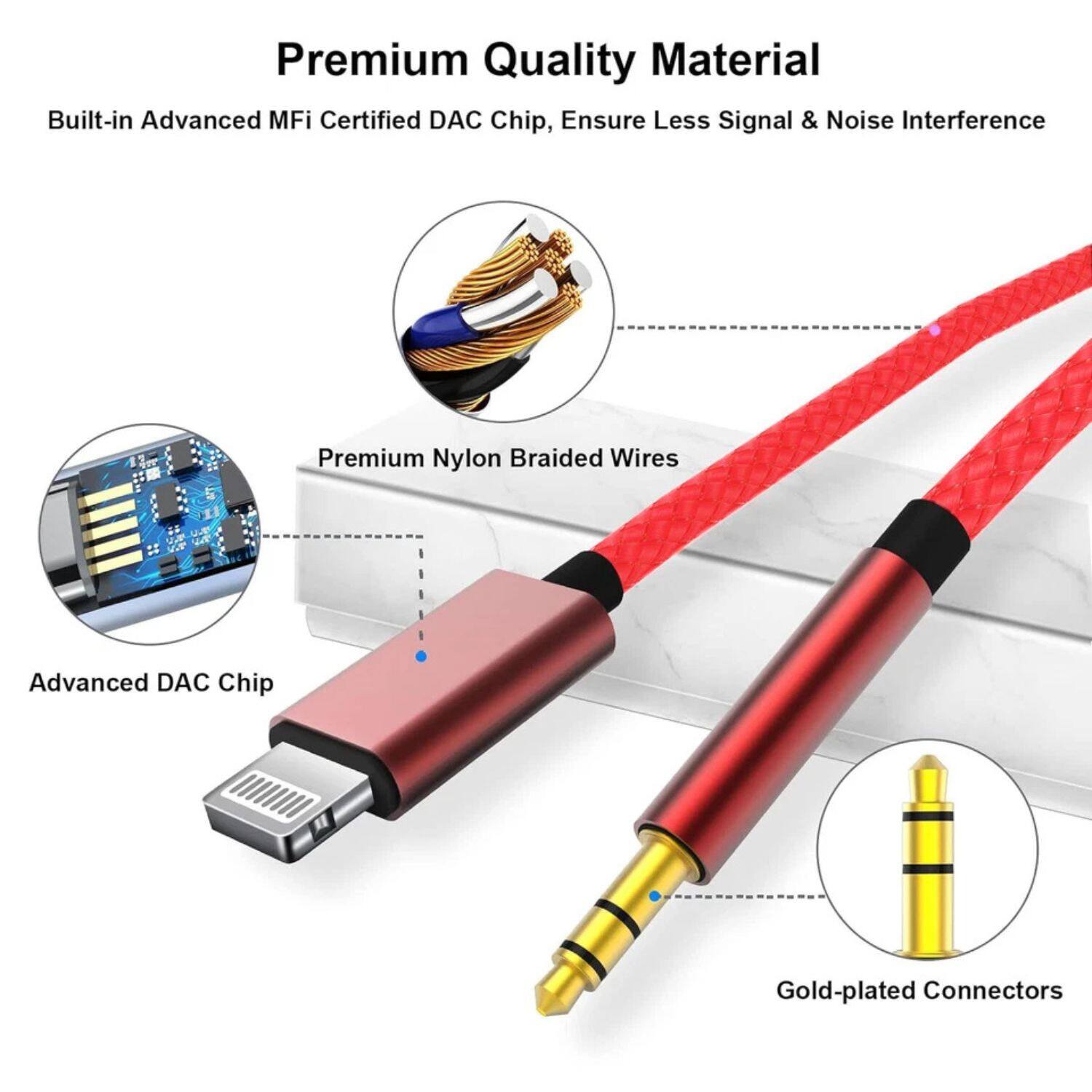 Premium Quality Material  
Built-in Advanced MFi Certified DAC Chip, Ensure Less Signal & Noise Interference  

- Premium Nylon Braided Wires  
- Advanced DAC Chip  
- Gold-plated Connectors