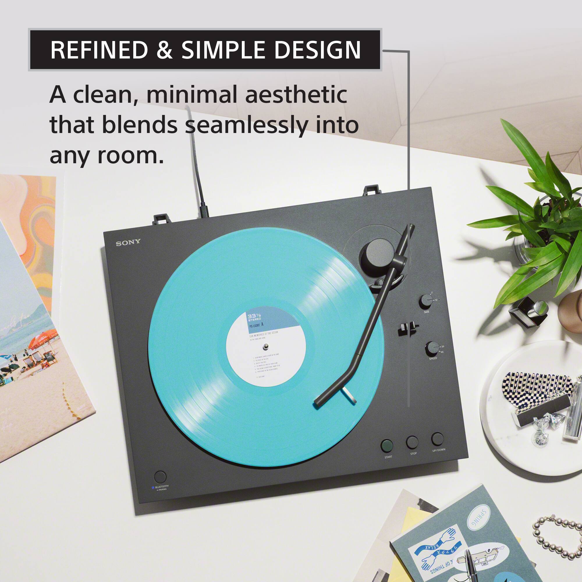 REFINED & SIMPLE DESIGN

A clean, minimal aesthetic that blends seamlessly into any room.

SONY

33 1/3 RPM

SPRING Zass ES 407

SONIME