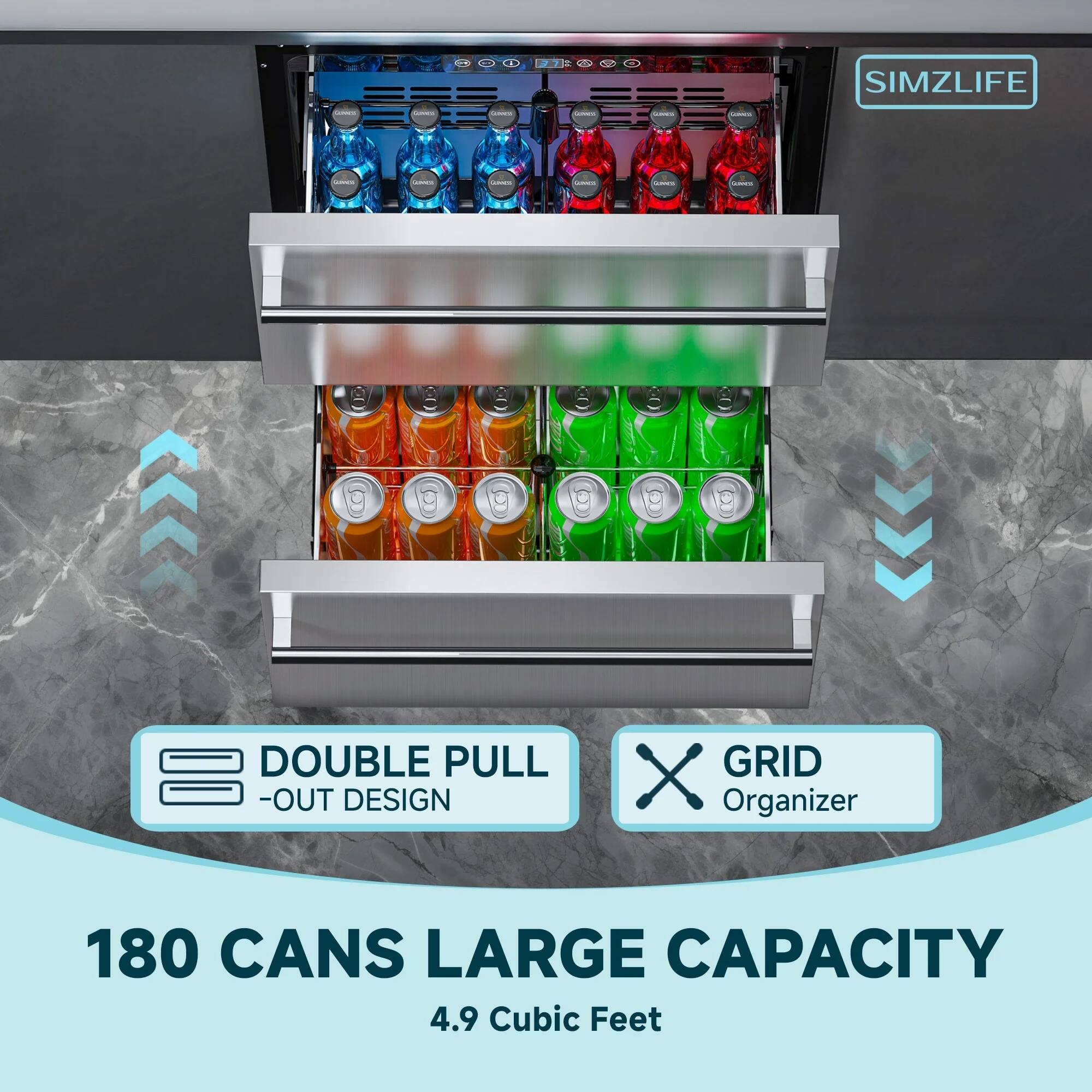 SIMZLIFE

DOUBLE PULL-OUT DESIGN

GRID Organizer

180 CANS LARGE CAPACITY

4.9 Cubic Feet