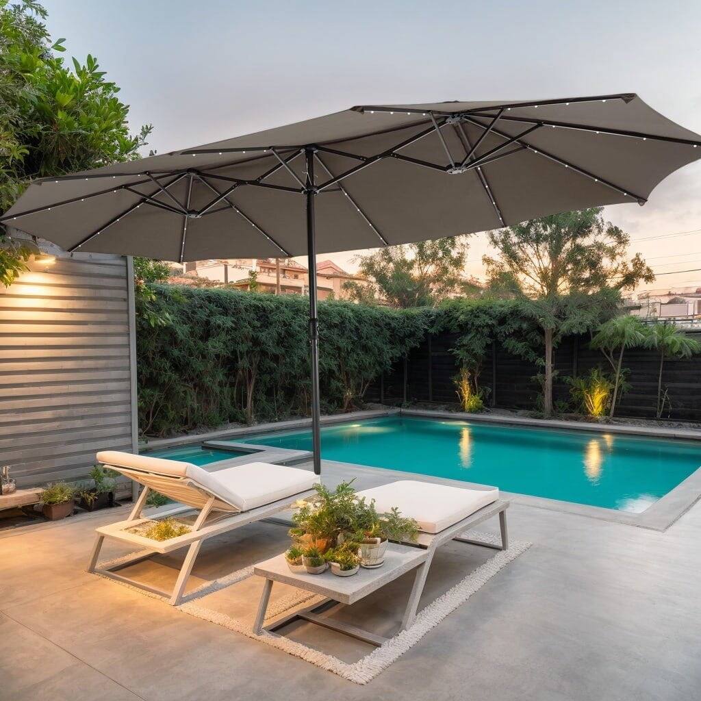 Front. Kadyn - 15 Feet Double Sided Patio Umbrella with 48 LED Lights Brown Outdoor Table Umbrella Yard Umbrella Outdoor Patio Umbrella - Brown.