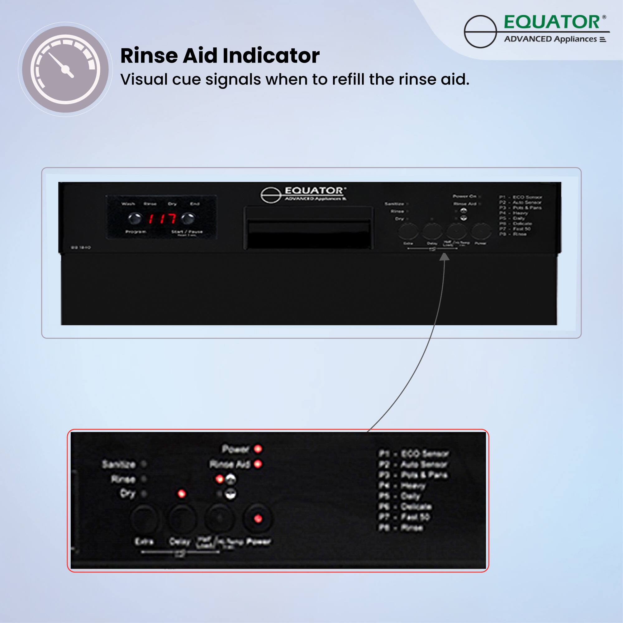 Rinse Aid Indicator  
Visual cue signals when to refill the rinse aid.

EQUATOR  
ADVANCED Appliances

P1 - ECO Sensor  
P2 - Auto Sensor  
P3 - Phases & Parts  
P4 - Heavy  
P5 - Daily  
P6 - Full 50  
P7 - Rinse  

Sanitize  
Rinse  
Dry  

Extra  
Cotton  
Rinse Aid  
Power  

EQUATOR  
ADVANCED Appliances