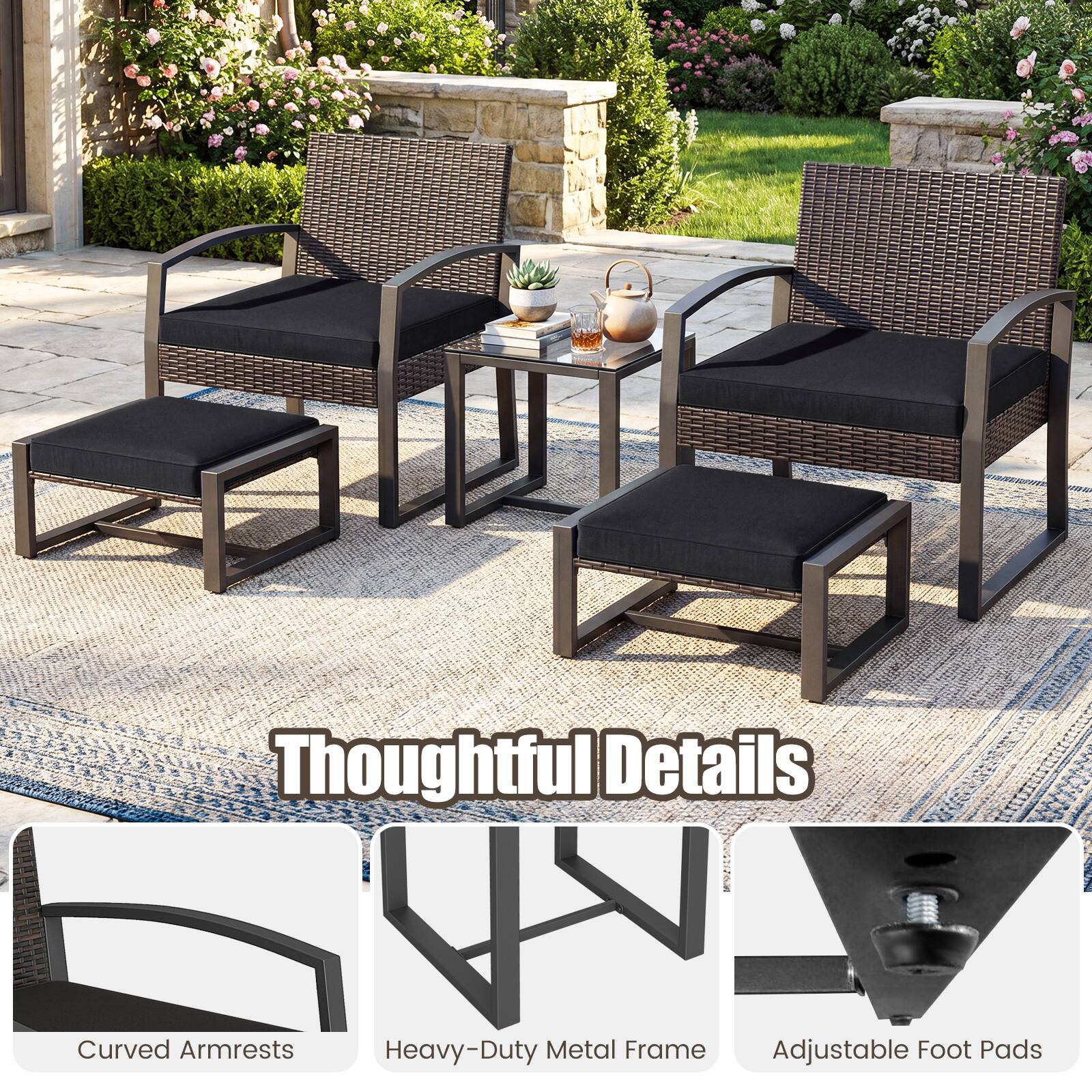 Thoughtful Details  
Curved Armrests  
Heavy-Duty Metal Frame  
Adjustable Foot Pads