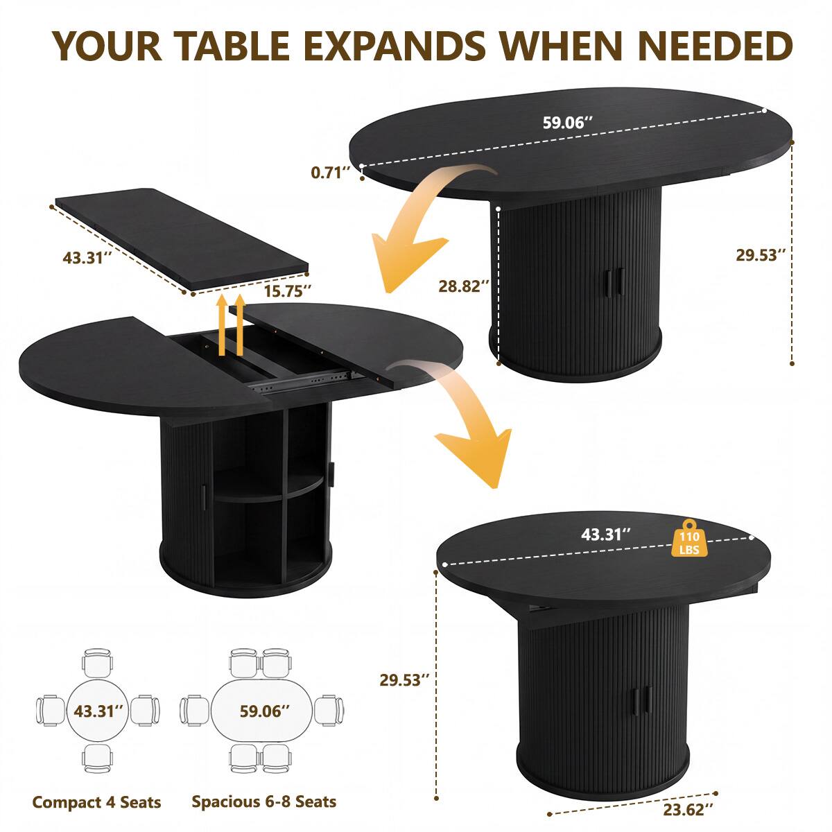 YOUR TABLE EXPANDS WHEN NEEDED

59.06"
0.71"
43.31"
15.75"
28.82"
43.31"
110 LBS
29.53"
43.31"
59.06"

Compact 4 Seats Spacious 6-8 Seats

23.62"