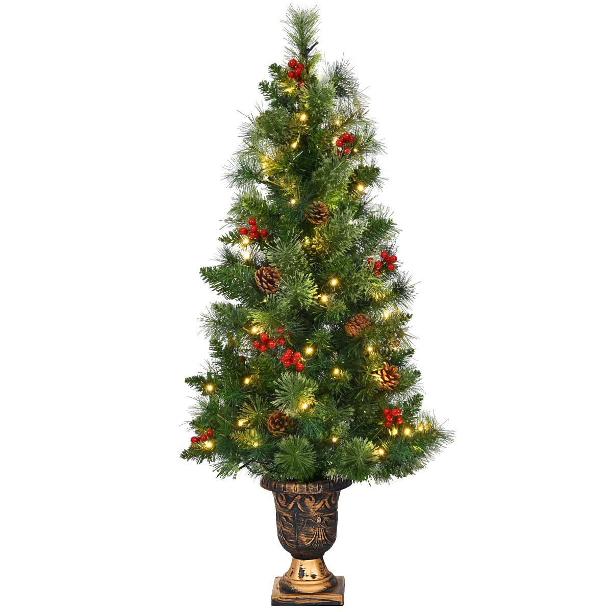 Alt View 11. Costway - 3ft Pre-Lit Christmas Entrance Tree In Urn w/ 40 LED Light Red Berries Pine Cone - Green.