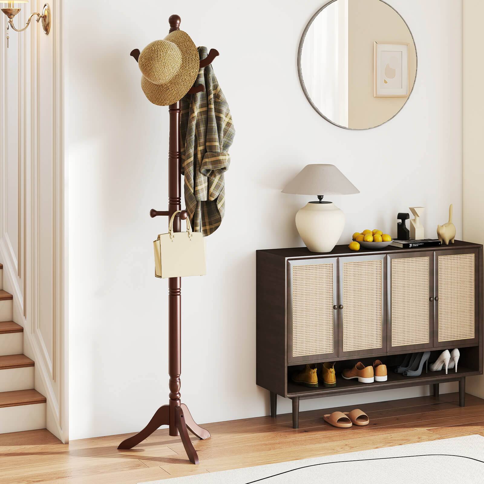 Alt View 4. Costway - Costway Solid Rubber Wood Coat Rack with 3 Adjustable Heights and 11 Hooks for Hallway - Brown.