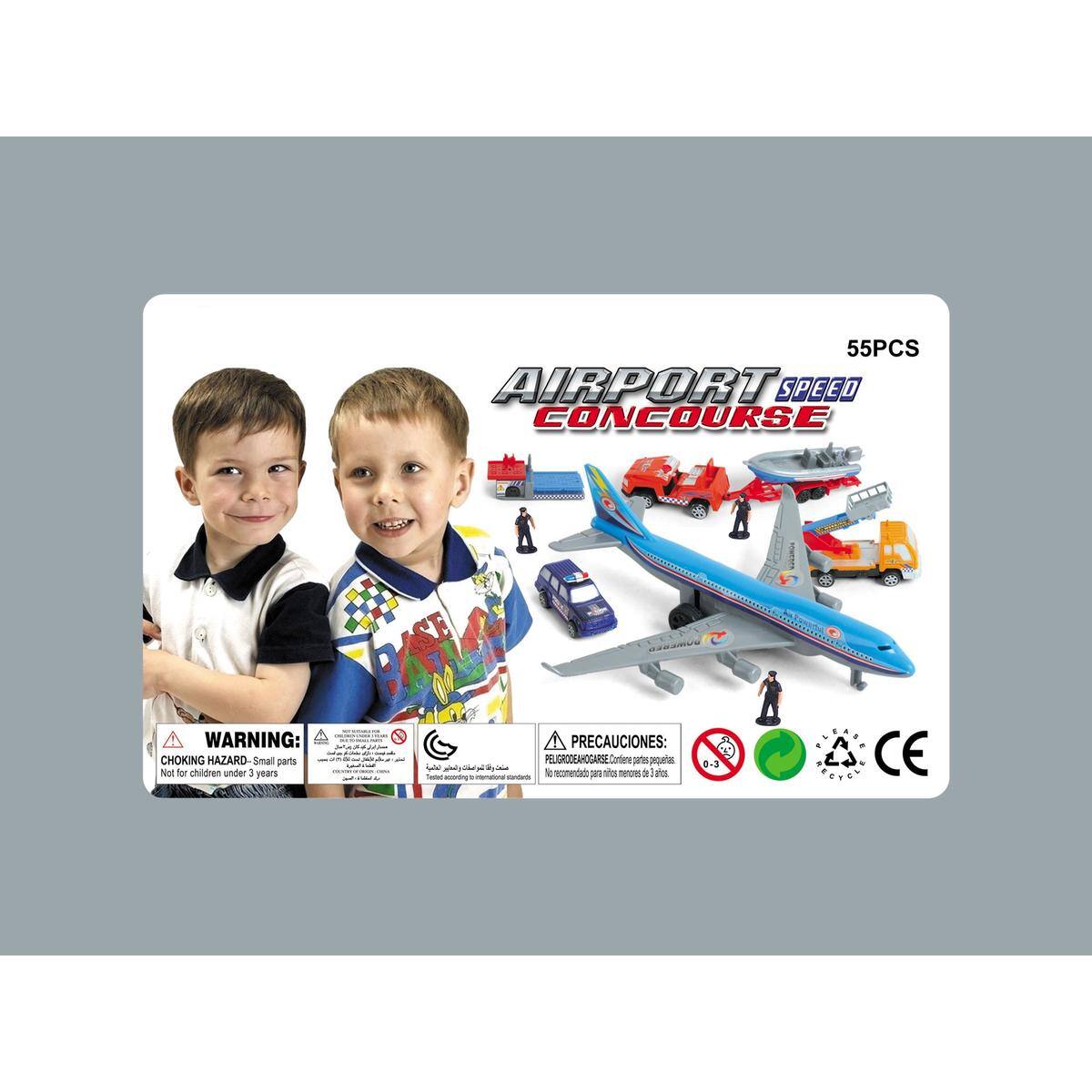 55PCS  
AIRPORT SPEED CONCOURSE  

WARNING:  
CHOKING HAZARD - Small parts. Not for children under 3 years.  

PRECAUCIONES:  
PELIGRO DE AHOGARSE. Contraer partes pequeñas. No recomendado para niños menores de 3 años.  

CE