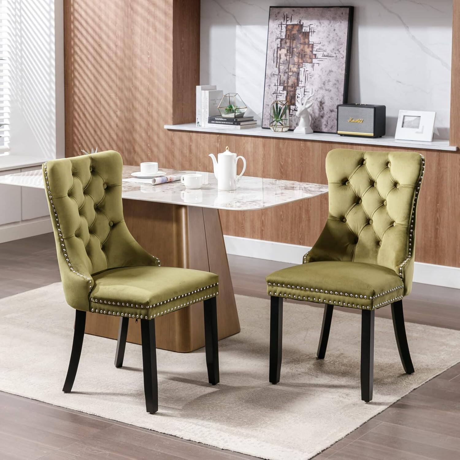 Alt View 2. Trinkets Crazed - Velvet Dining Chairs Set of 2, Upholstered High-end Tufted Dining Room Chair with Wood Legs Nailhead Trim for Kitchen - Olive green.