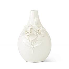 K&K Interiors - 10.5 Inch Ceramic Bottle Neck Vase with Raised Lily Flowers - White
