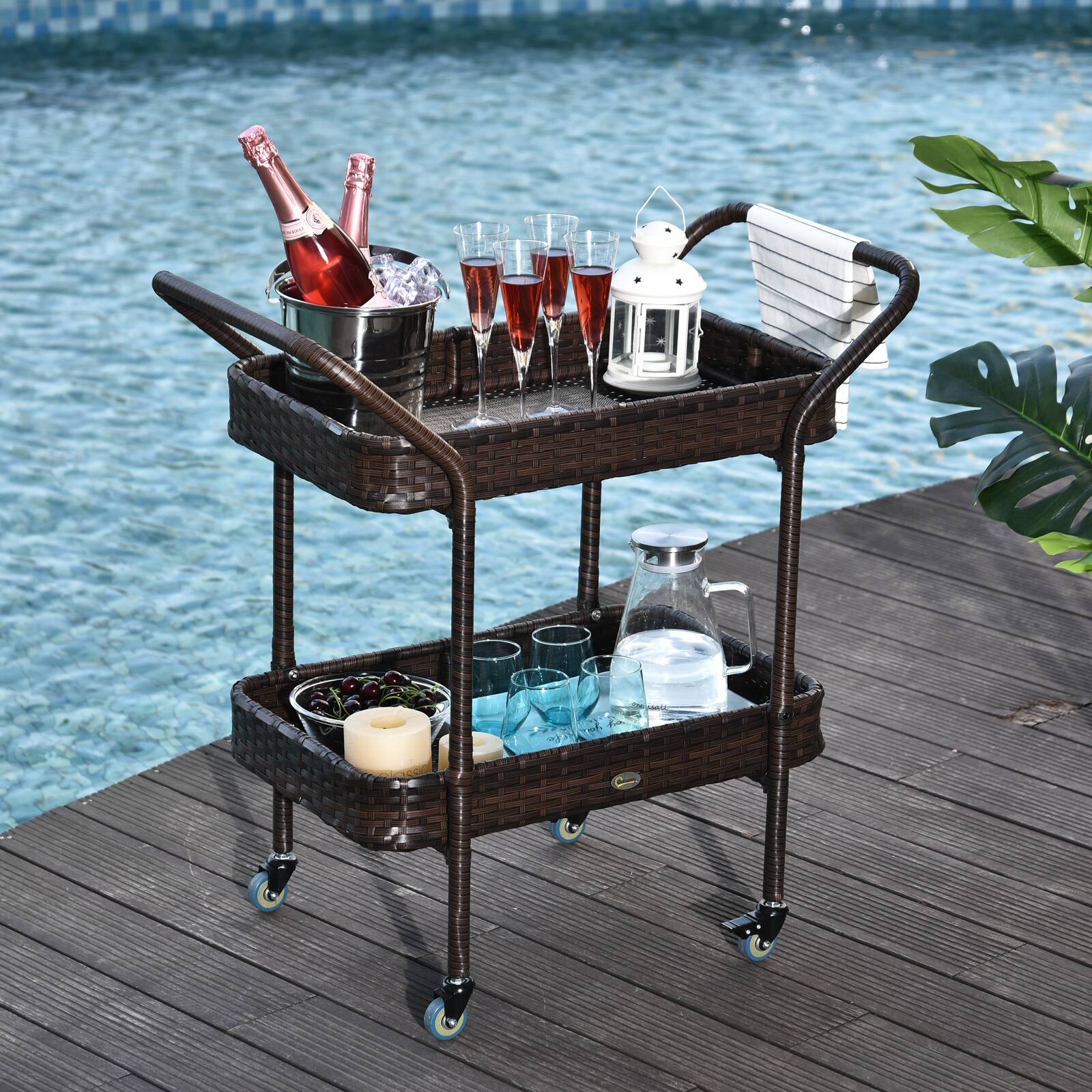 Alt View 1. Outsunny - PE Rattan Outdoor Bar Table, Outdoor Kitchen Island with 2-Tier Shelf, Wheeled Patio Serving Cart with Brakes - Mix Brown.