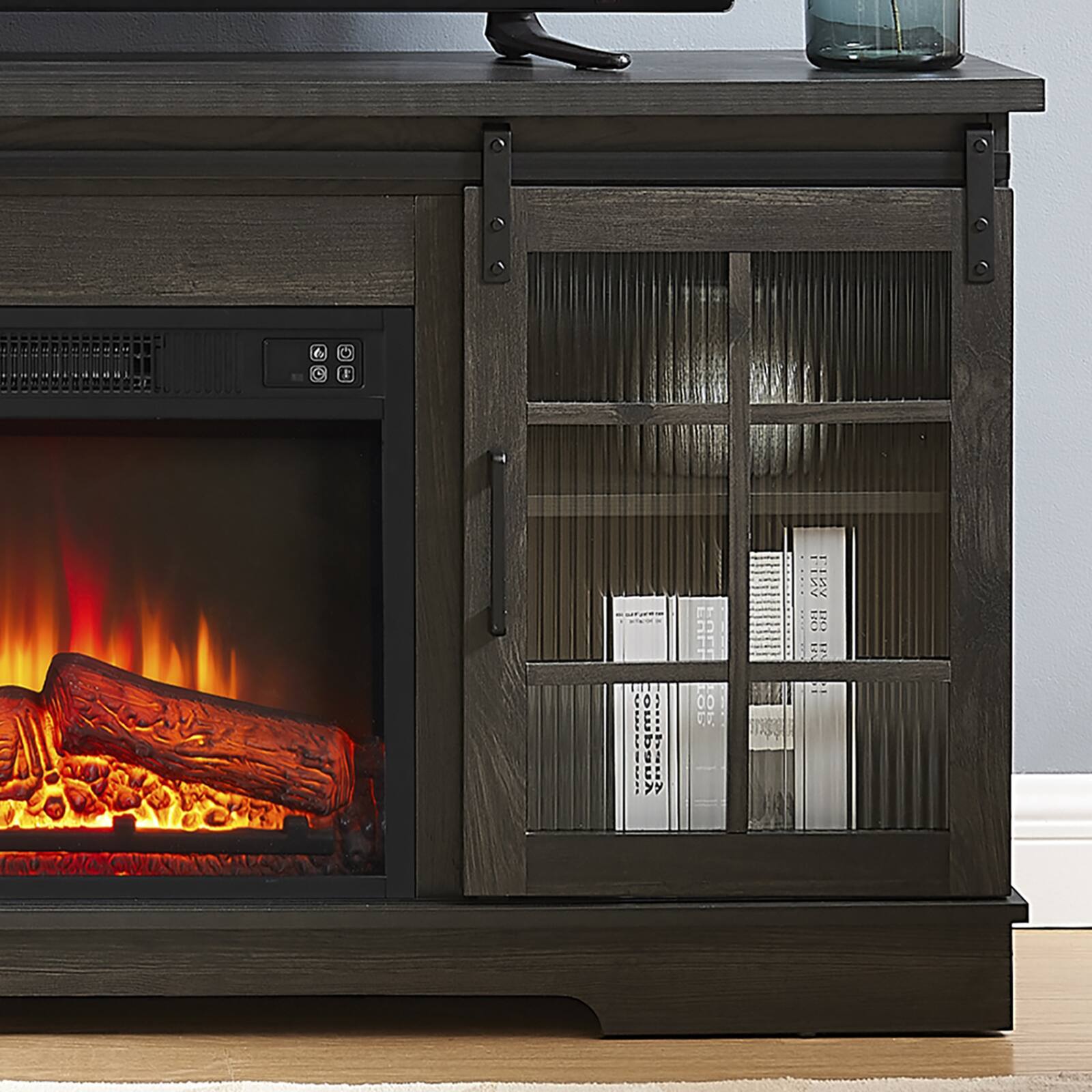 Alt View 2. Chateau Abodes - 60" Farmhouse TV Stand with 23" Fireplace, 2 Fluted Glass Doors & Large Storage for up to 65" TVs - Charcoal Grey.