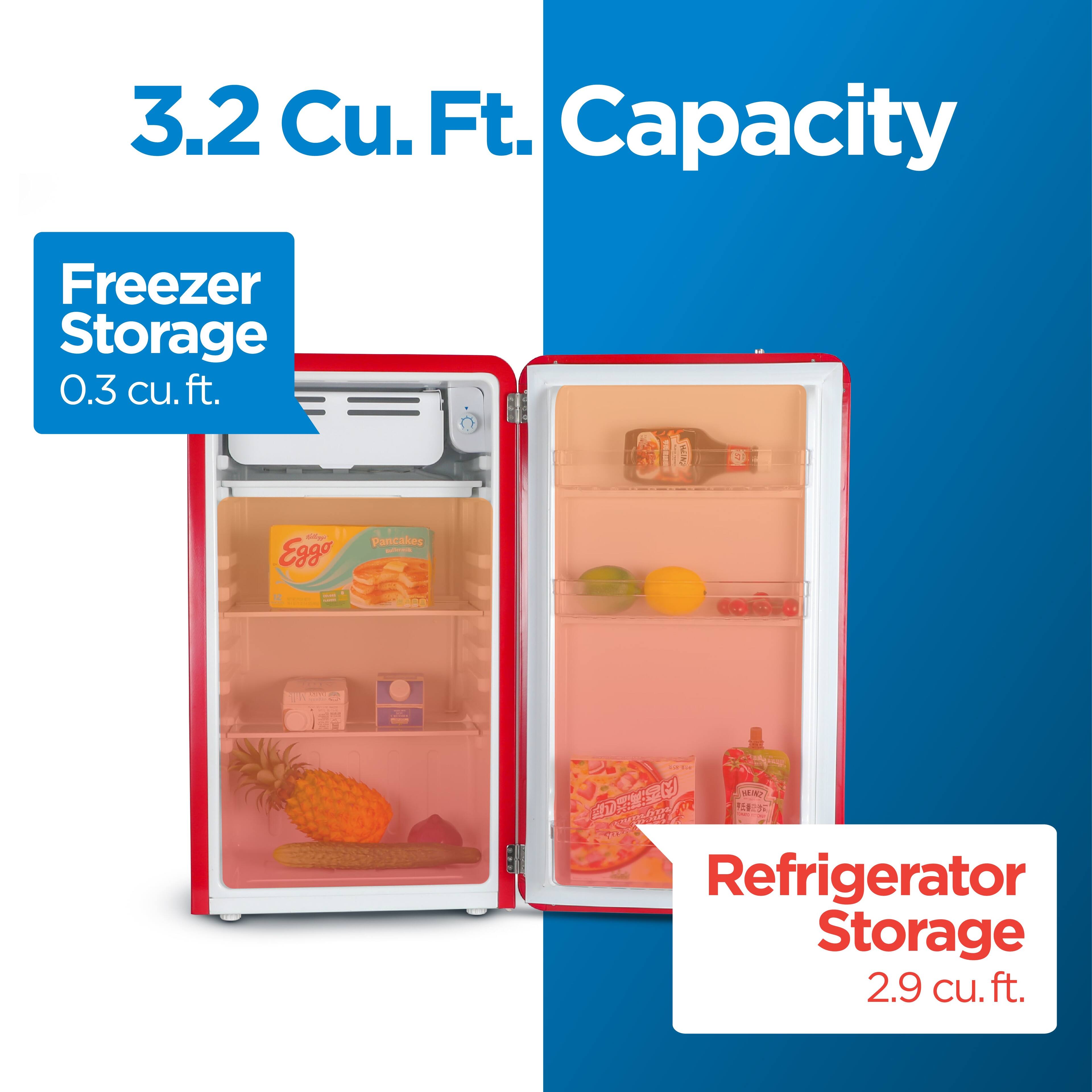 3.2 Cu. Ft. Capacity
Freezer Storage 0.3 cu. ft.
Refrigerator Storage 2.9 cu. ft.