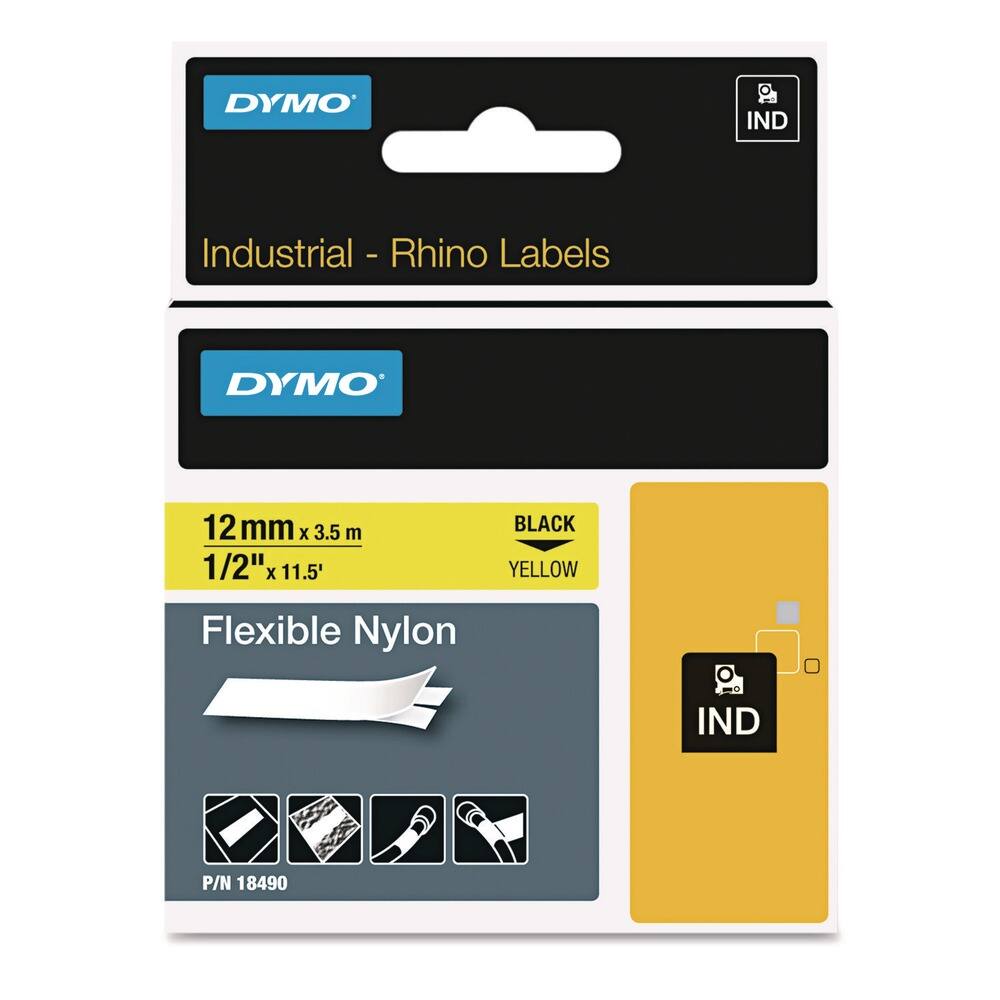 DYMO IND Industrial - Rhino Labels  
DYMO 12 mm x 3.5 m (1/2" x 11.5') BLACK YELLOW Flexible Nylon  
P/N 18490