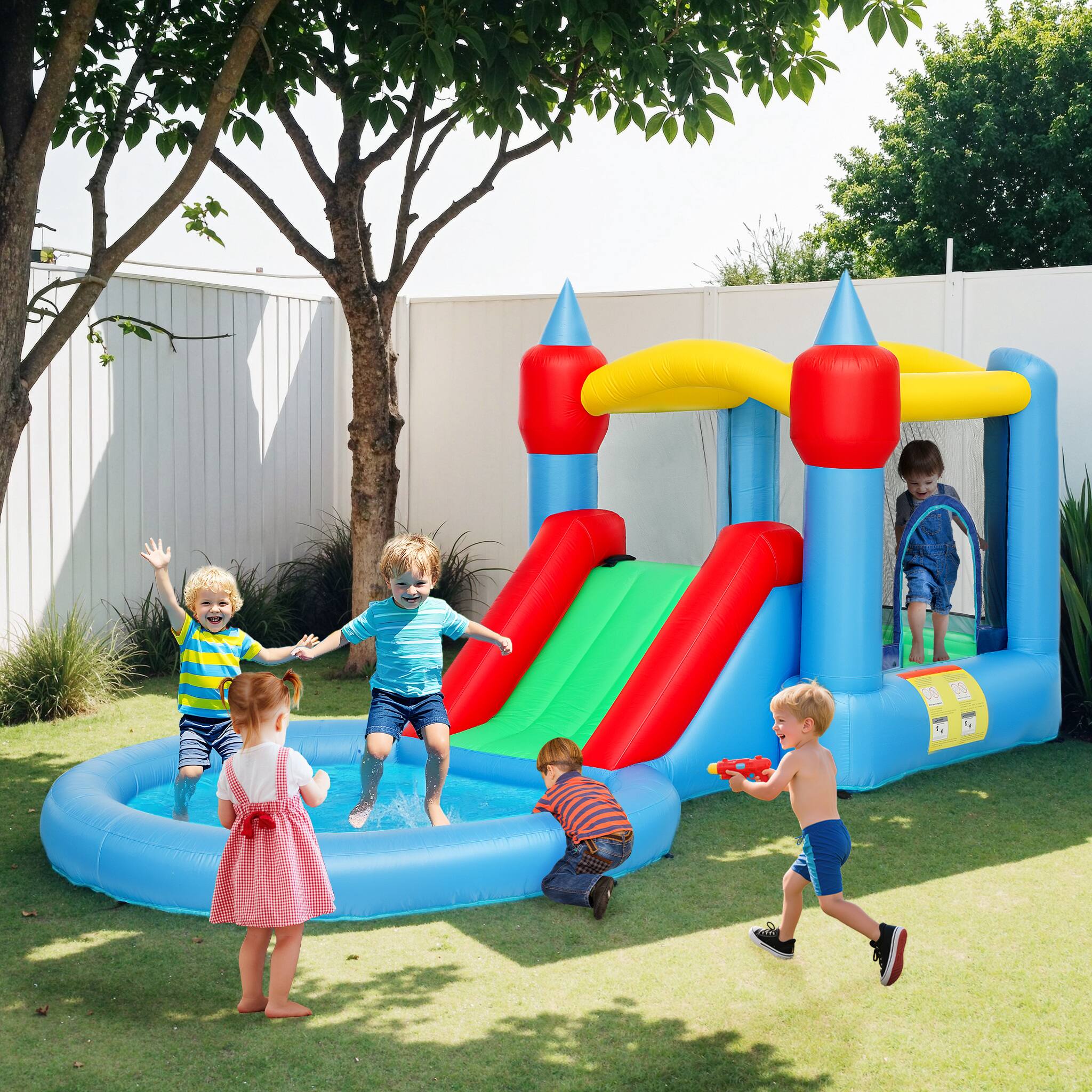 Angle. Qaba - Inflatable Bounce House, Slide, Basketball Hoop, Ball Pit, Storage Bag, Outdoor Indoor Party, 163" x 81" x 75".