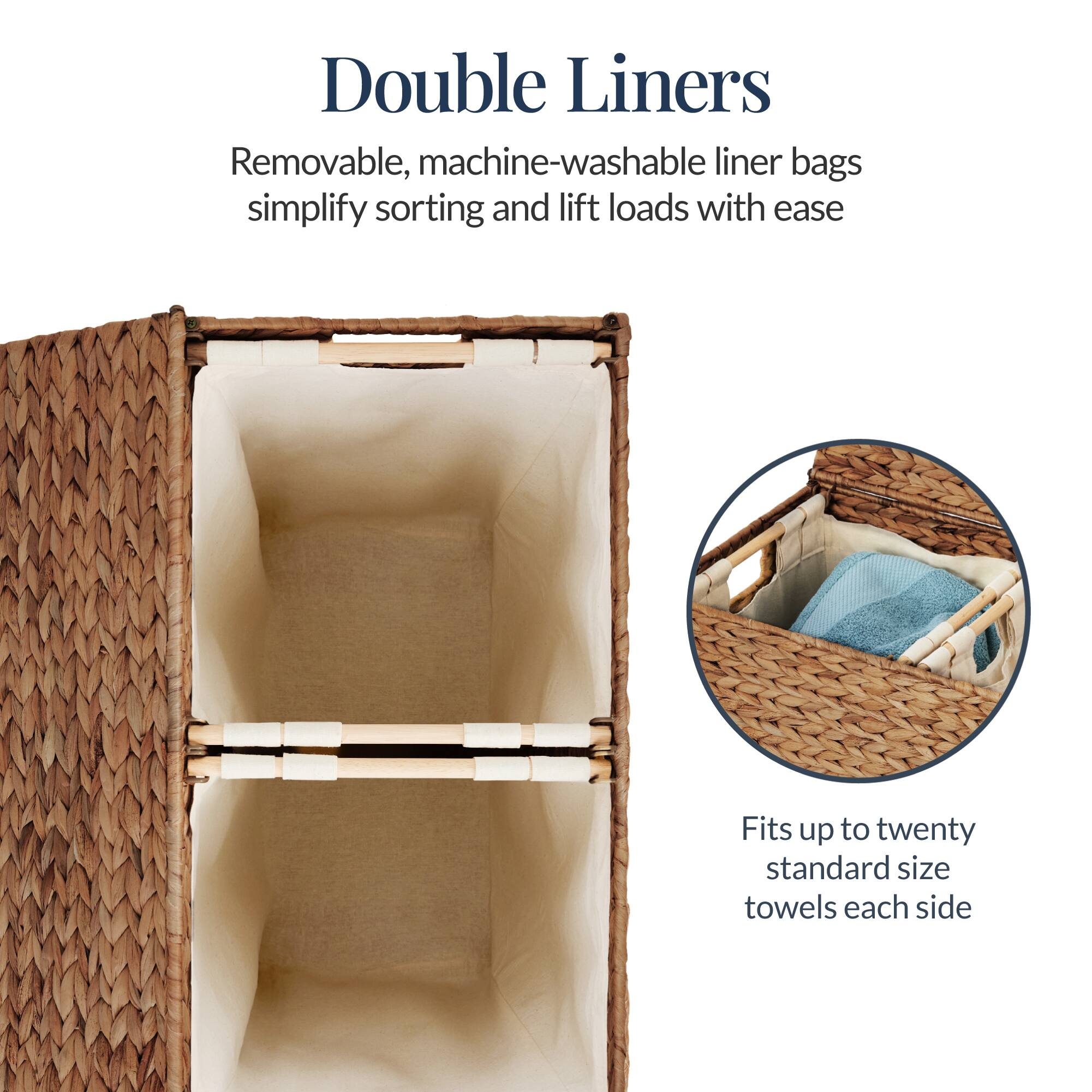 Double Liners  
Removable, machine-washable liner bags simplify sorting and lift loads with ease  
Fits up to twenty standard size towels each side