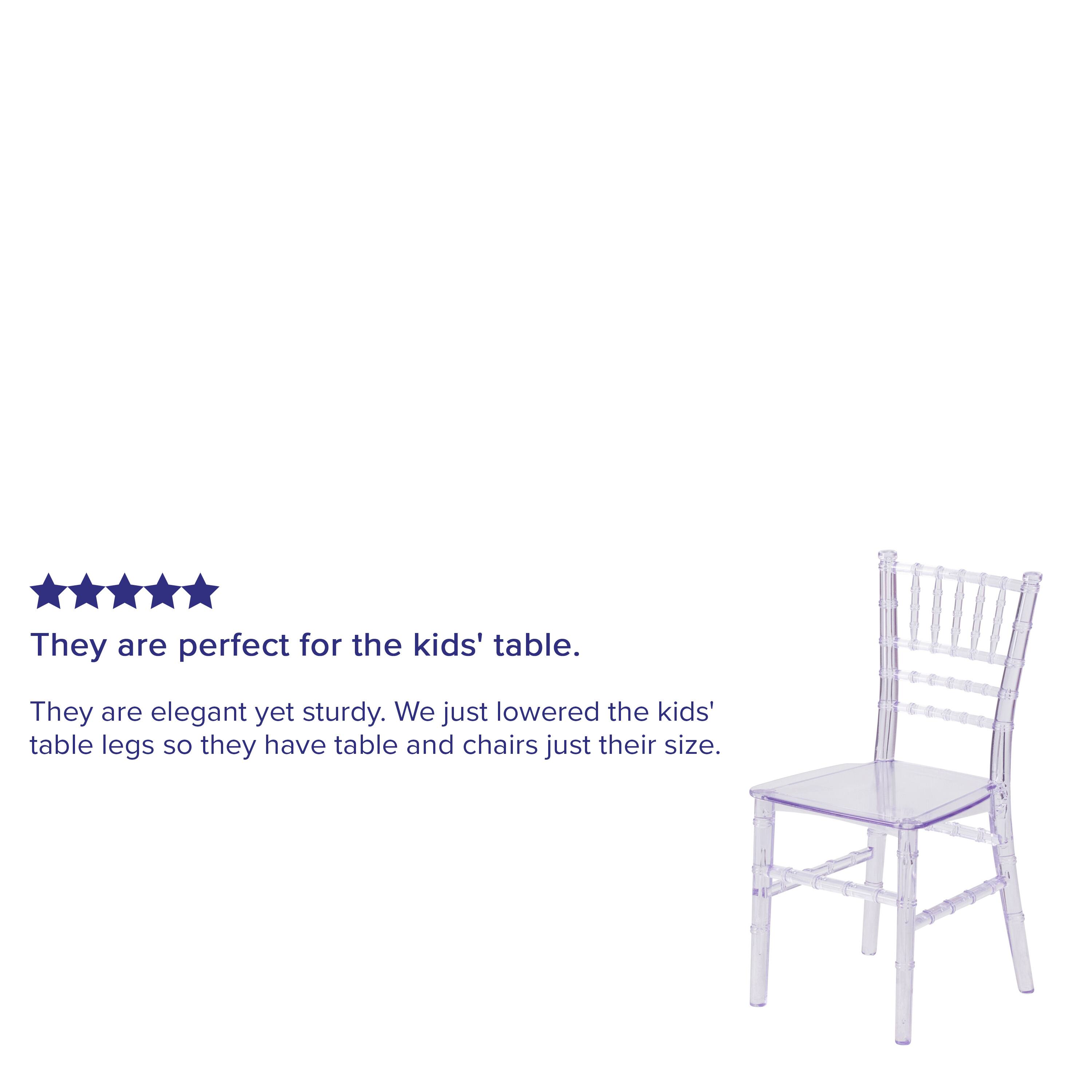 They are perfect for the kids' table. They are elegant yet sturdy. We just lowered the kids' table legs so they have table and chairs just their size.