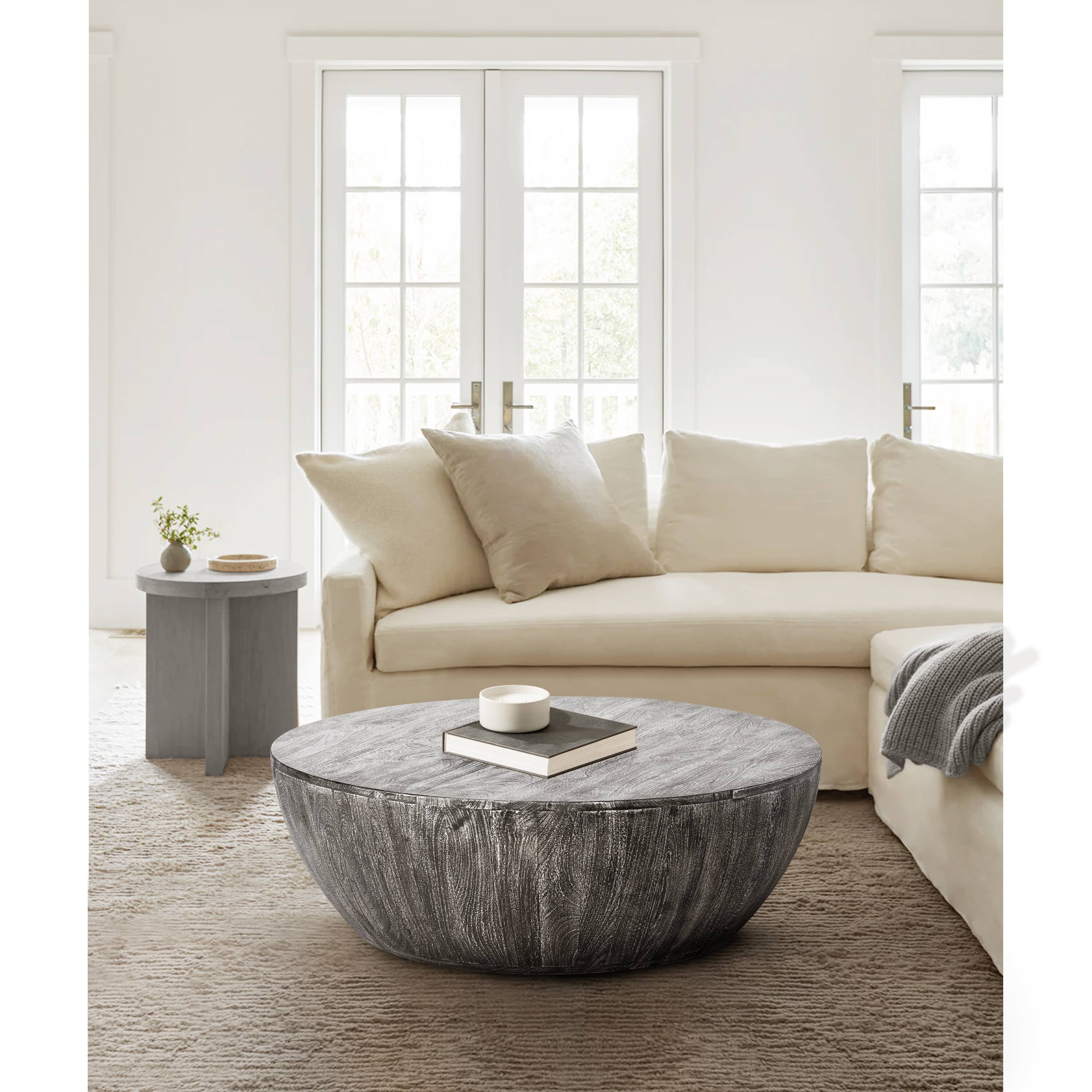 Alt View 8. Manhattan Lane - Arthur 36 Inch Farmhouse Style Handcrafted Mango Wood Coffee Table, Round Drum Shape - Sandblasted Black.