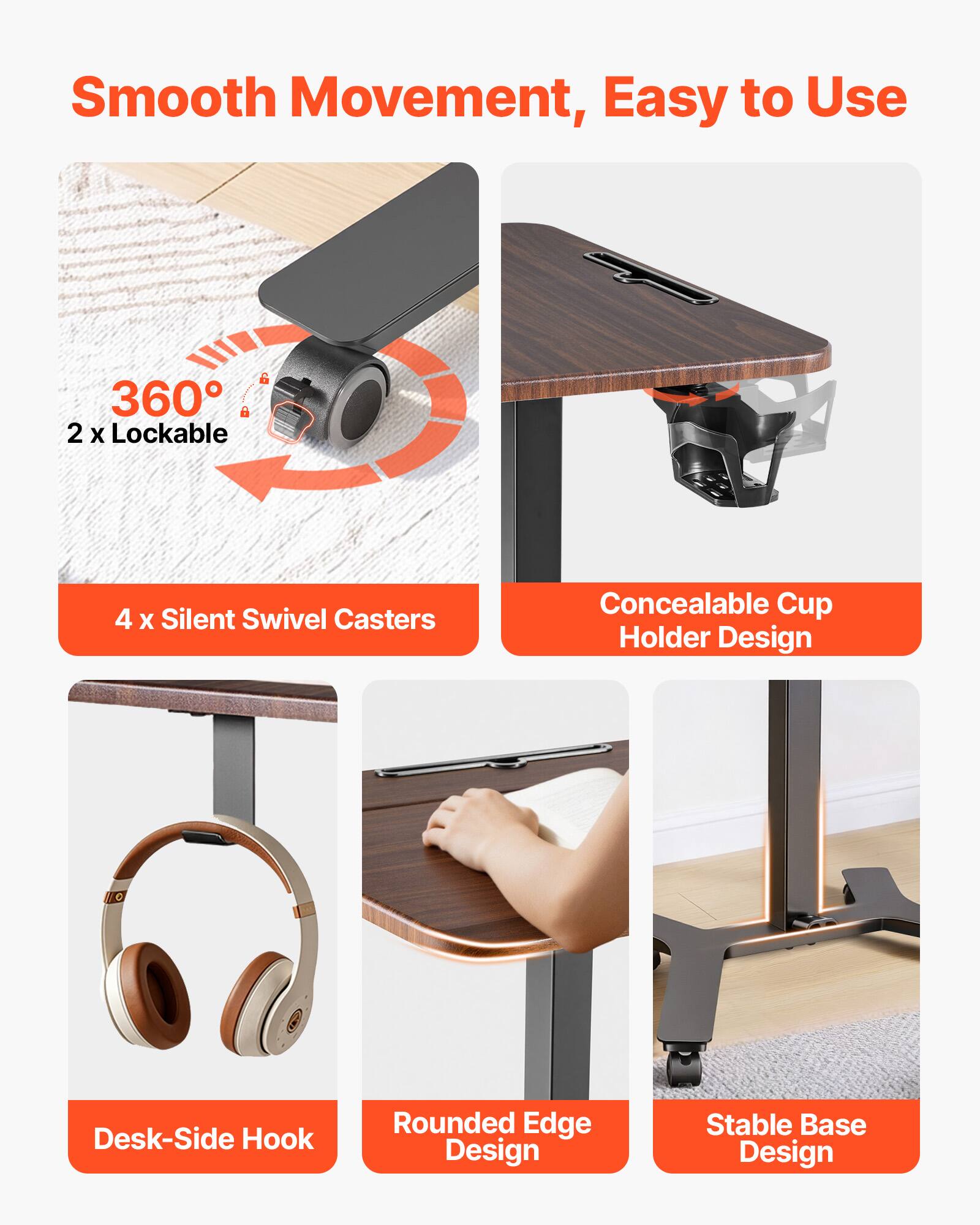 Smooth Movement, Easy to Use

- 360° 2 x Lockable
- 4 x Silent Swivel Casters
- Concealable Cup Holder Design
- Desk-Side Hook
- Rounded Edge Design
- Stable Base Design