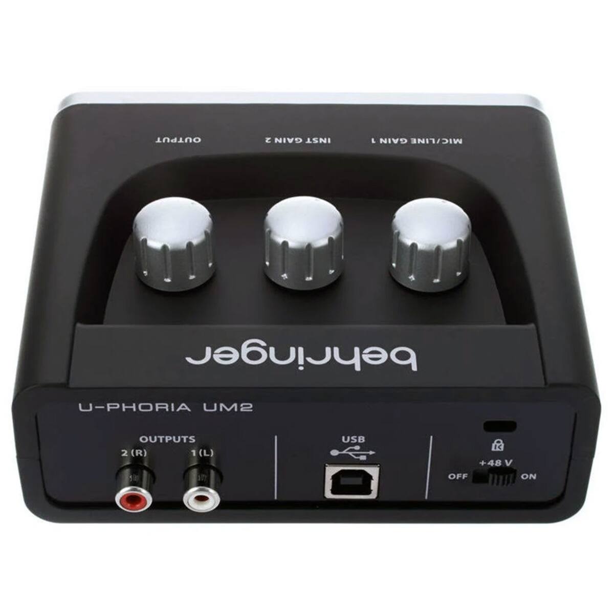 behringer  
U-PHORIA UM2  
OUTPUTS 2 (R) 1 (L)  
USB  
+48 V  
OFF  
ON  
2 GAIN INST  
1 GAIN MIC/LINE