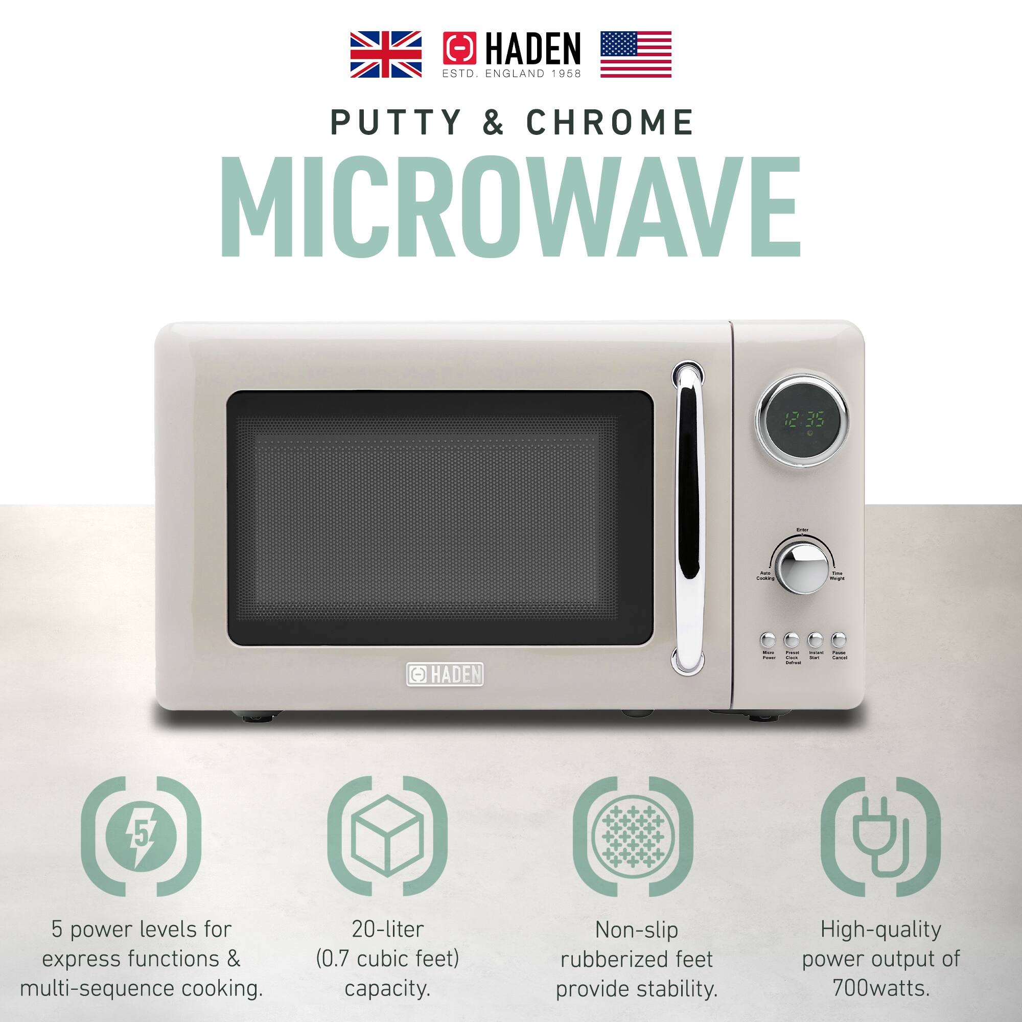 HADEN  
ENGLAND 1958  
PUTTY & CHROME  
MICROWAVE  

5 power levels for express functions & multi-sequence cooking.  
20-liter (0.7 cubic feet) capacity.  
Non-slip rubberized feet provide stability.  
High-quality power output of 700 watts.