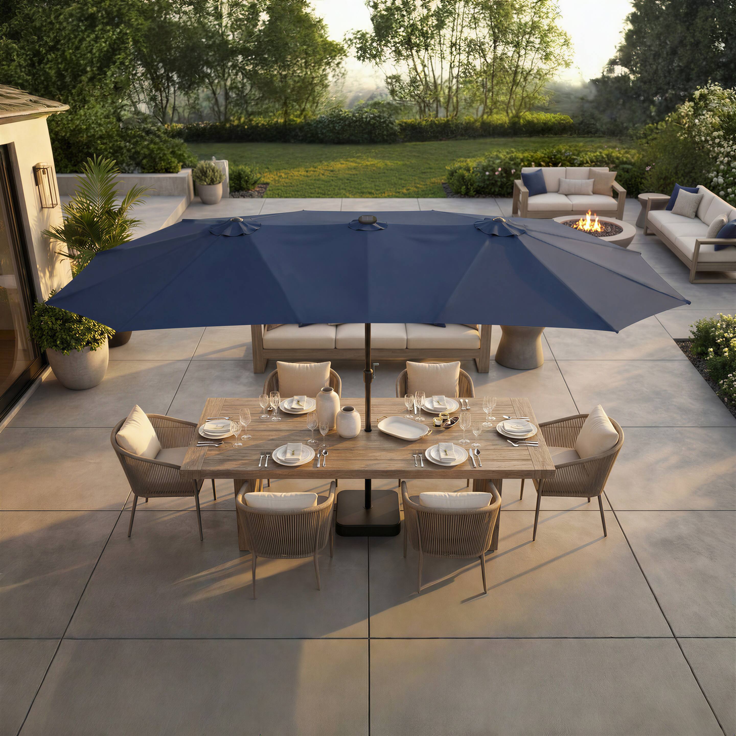 Back. Famapy - Double Top Patio Umbrella with LED Lights Outdoor Market UmbrellaLarge Twin Canopy Deck Umbrella for Patio Garden - Navy blue.