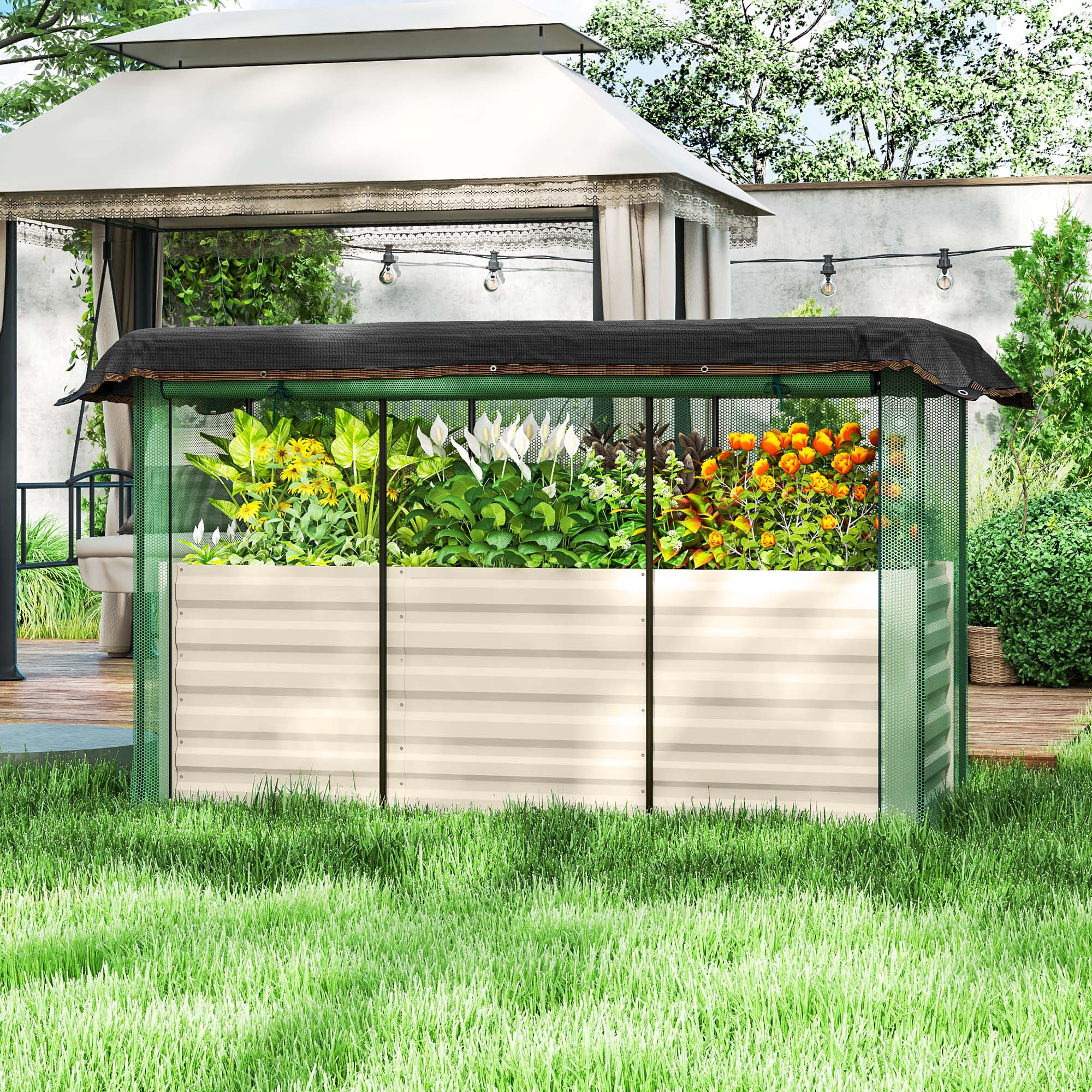 Alt View 1. Outsunny - 5.9 x 2 x 1.9 ft Galvanized Raised Garden Bed with Crop Cage Plant Protection Net and Shade Cloth Roof - Beige.