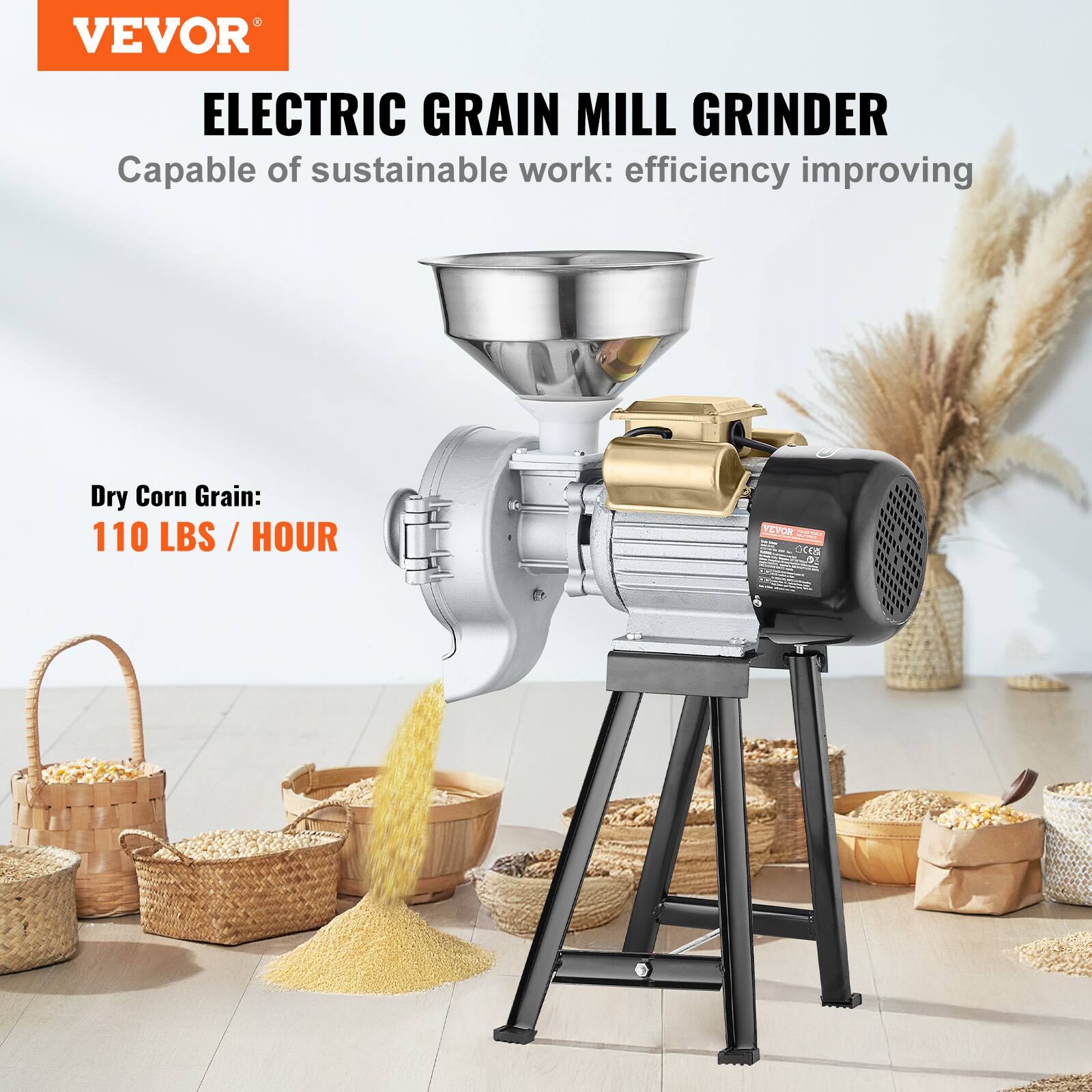 VEVOR  
ELECTRIC GRAIN MILL GRINDER  
Capable of sustainable work: efficiency improving  

Dry Corn Grain:  
110 LBS / HOUR